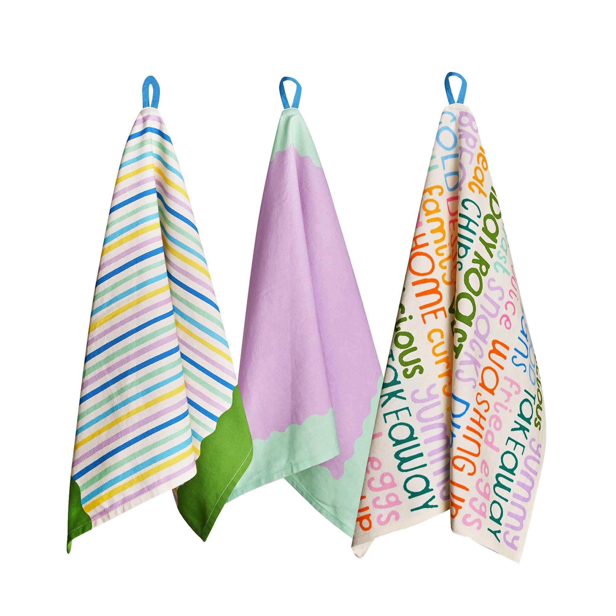 Raspberry Blossom Set of 3 Cotton Printed Tea Towels with Hanging Loop