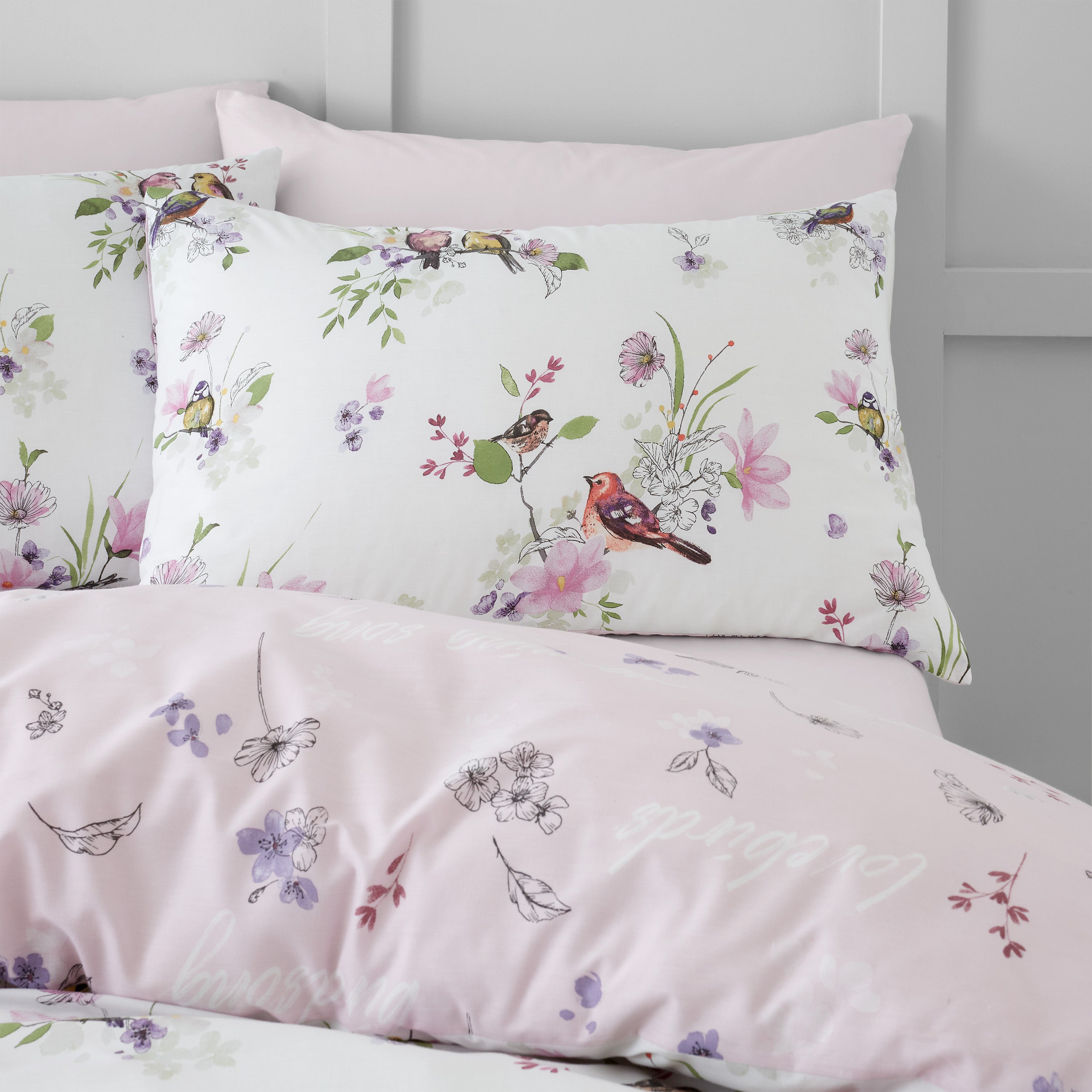 Catherine Lansfield Songbird Pink Reversible Duvet Cover & Pillowcase 