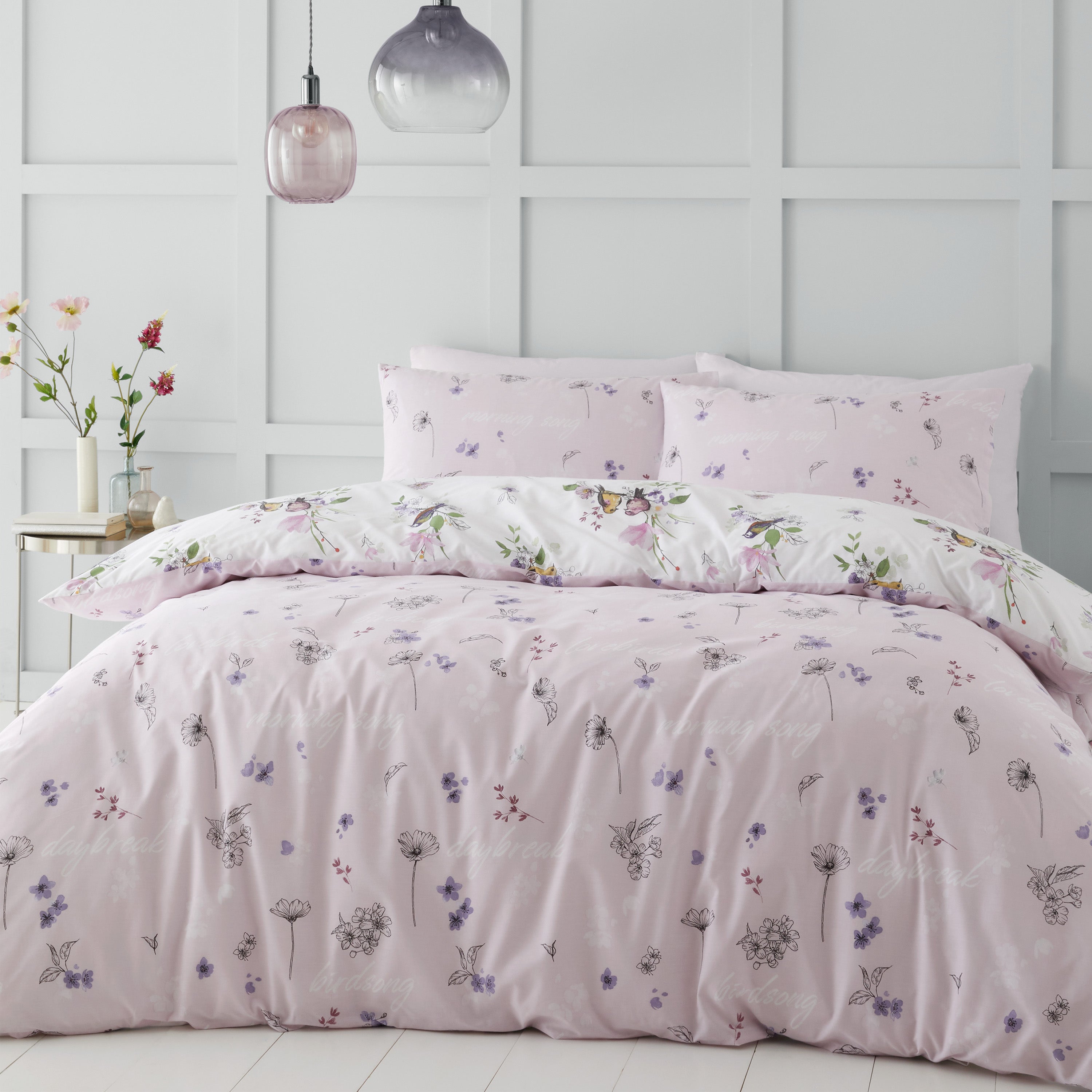 Catherine Lansfield Songbird Pink Reversible Duvet Cover & Pillowcase 