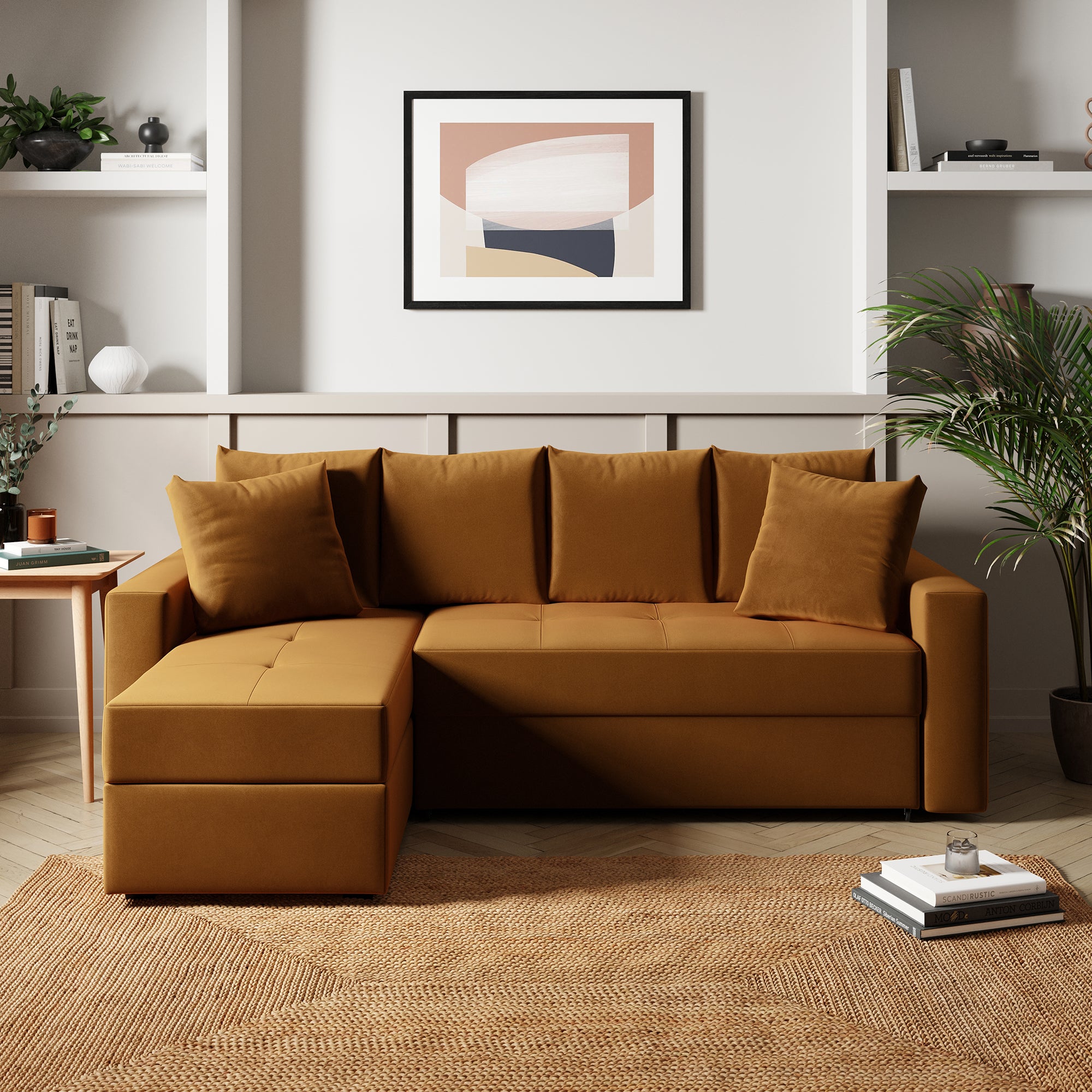 Westley Velvet Corner Sofa Bed Caramel