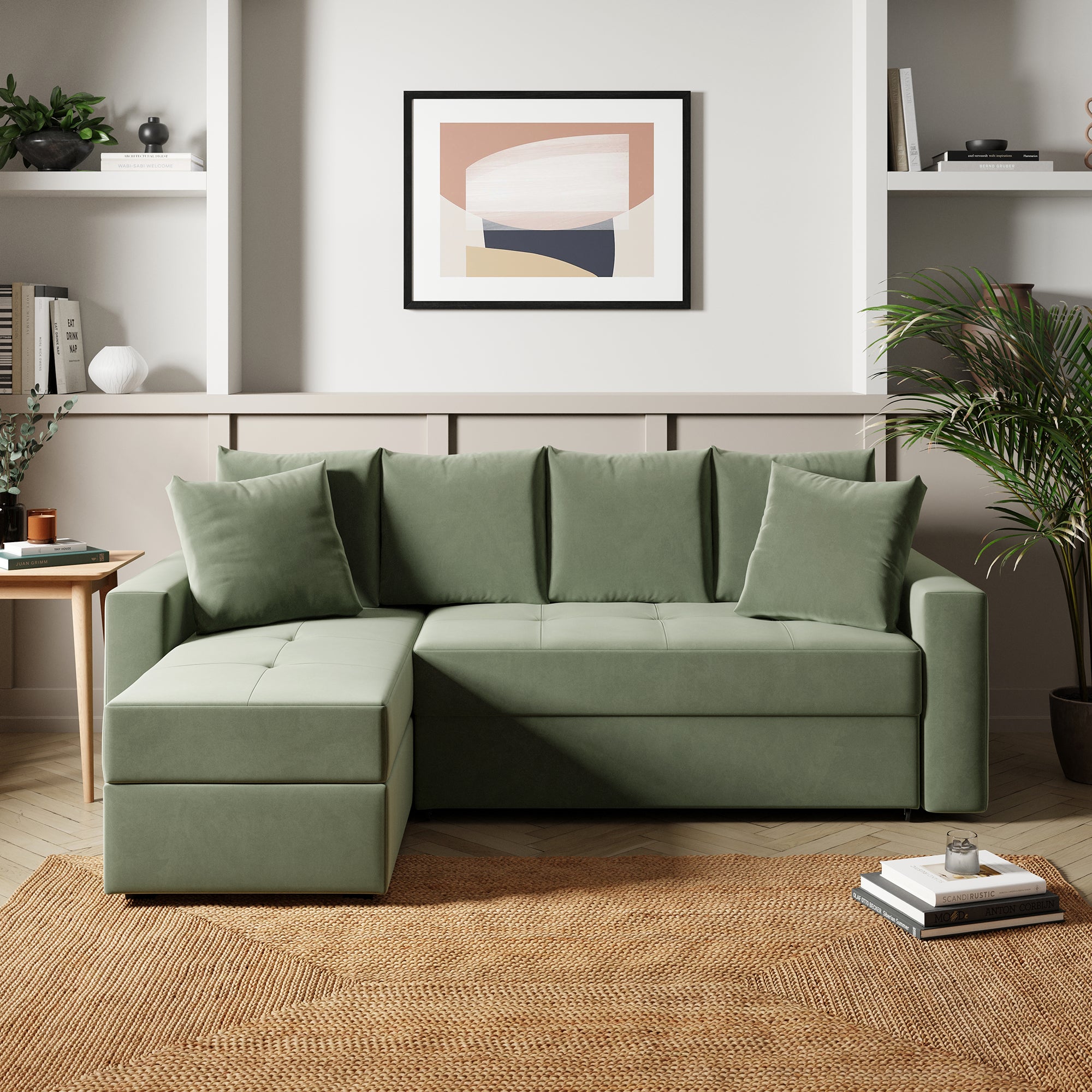 Westley Velvet Corner Sofa Bed Sage