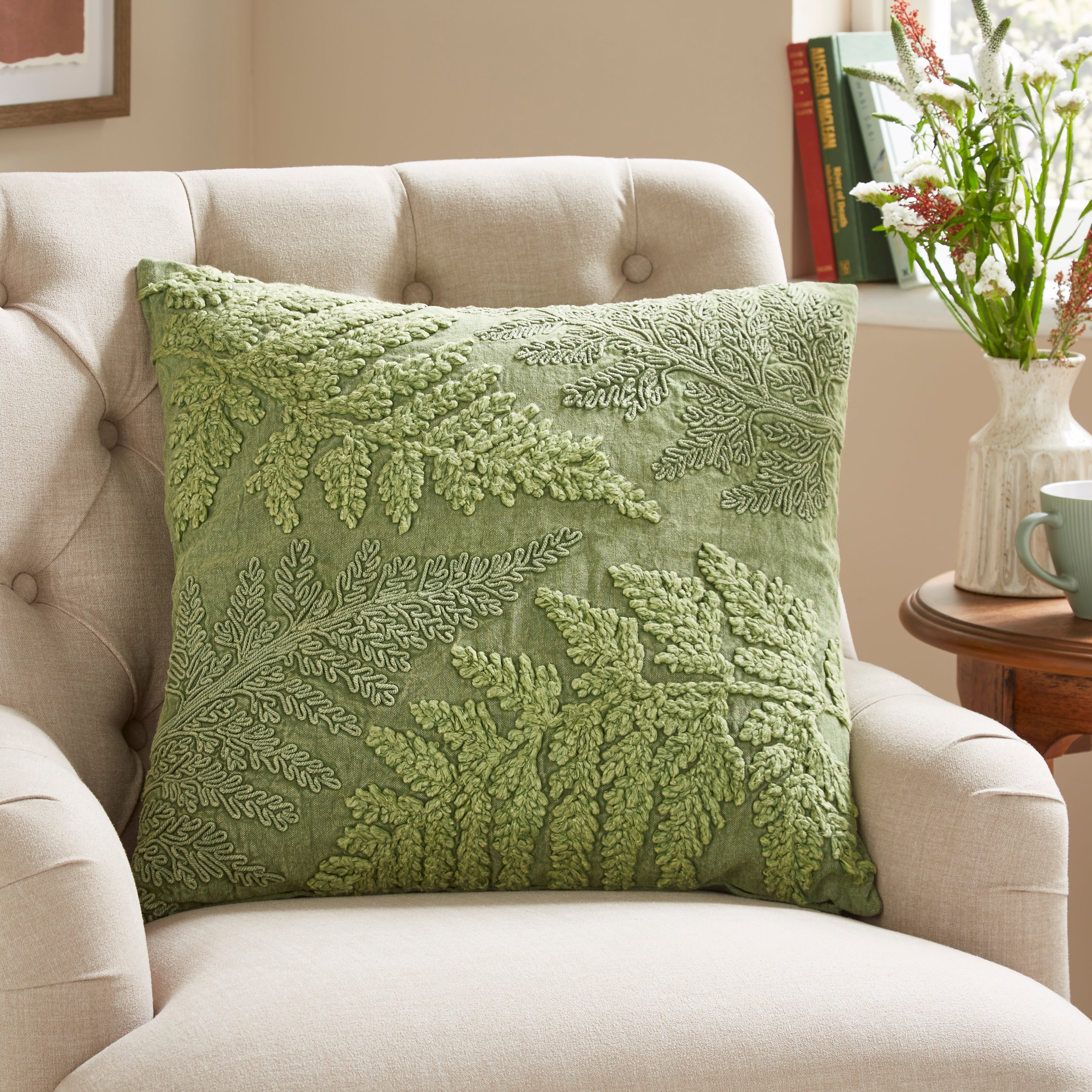 Churchgate Fawsley Fern Square Cushion Olive Green