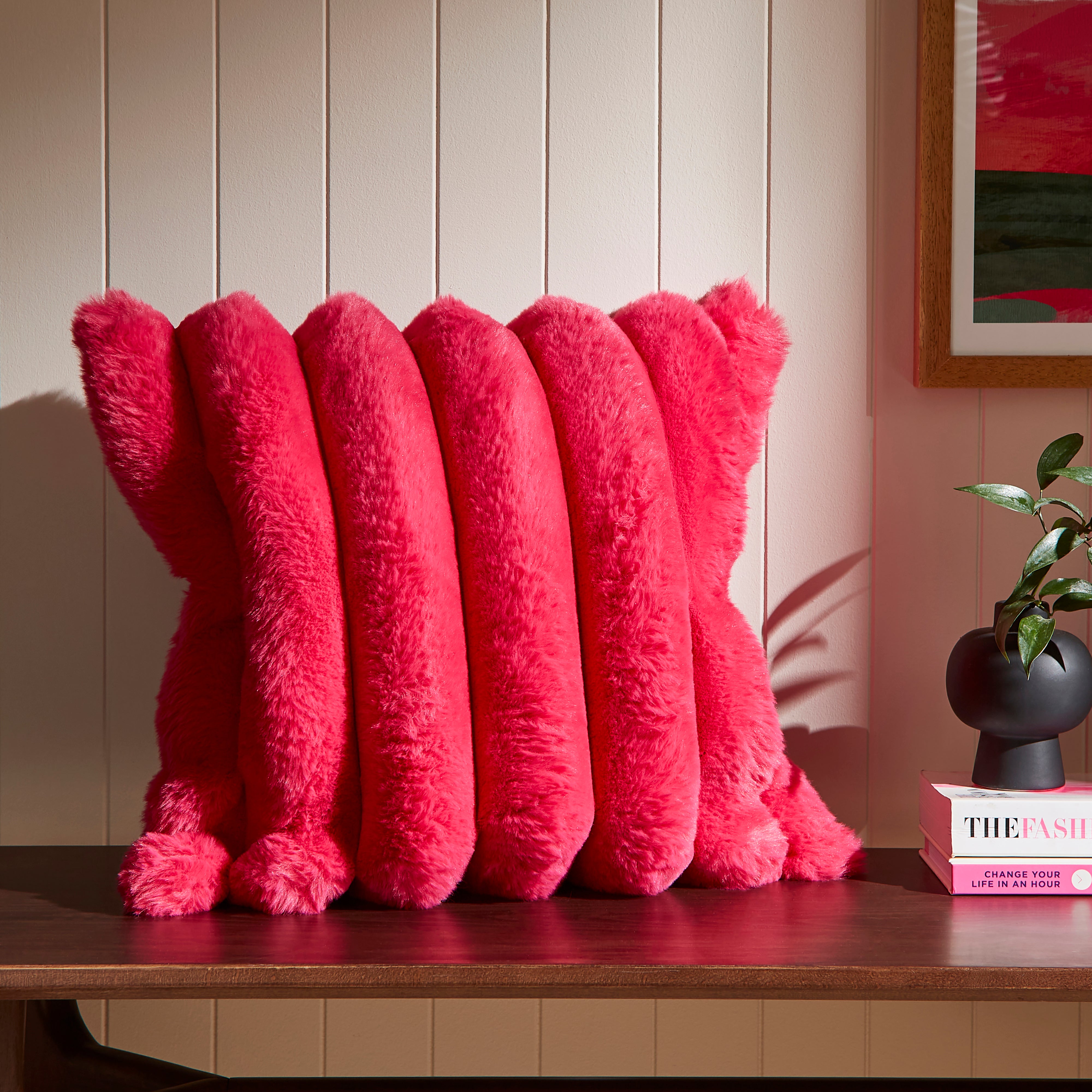 Ribbed Fur Square Cushion Pink