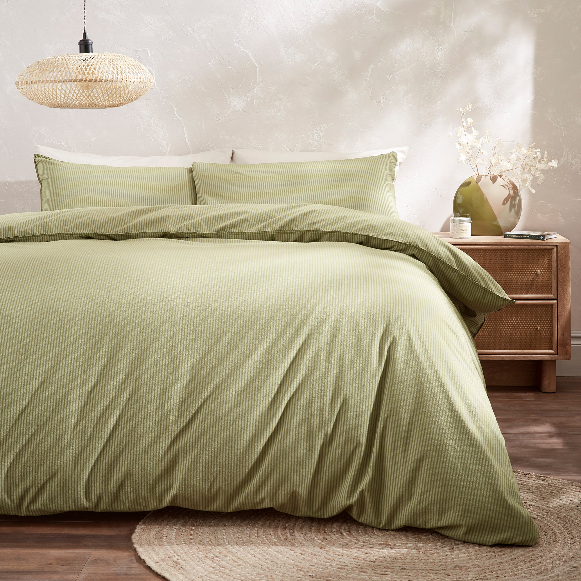 Harlem Narrow Stripe Olive Duvet Cover And Pillowcase Set Olive Green