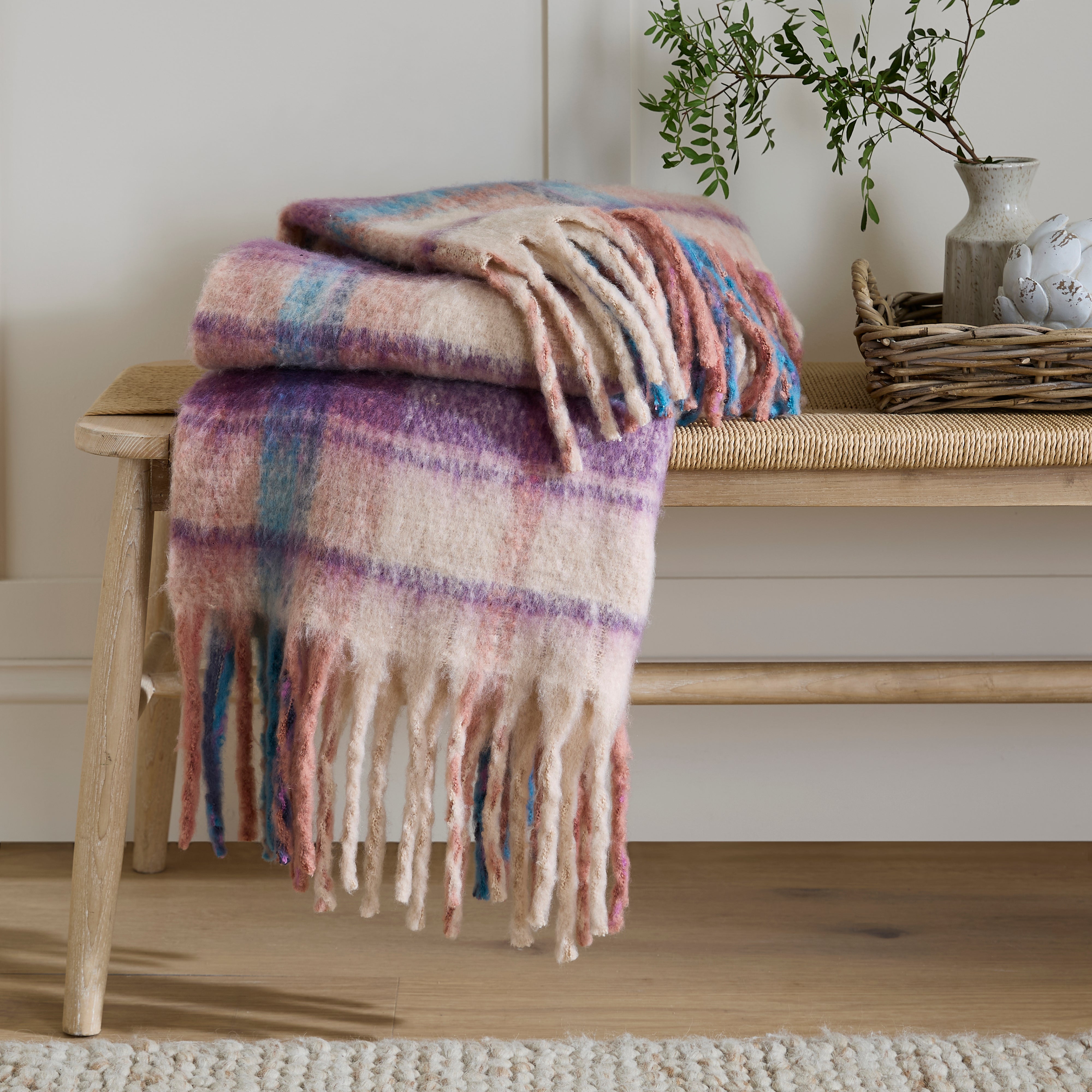 Plum Check Faux Mohair Throw 130cm X 180cm Plum Purple