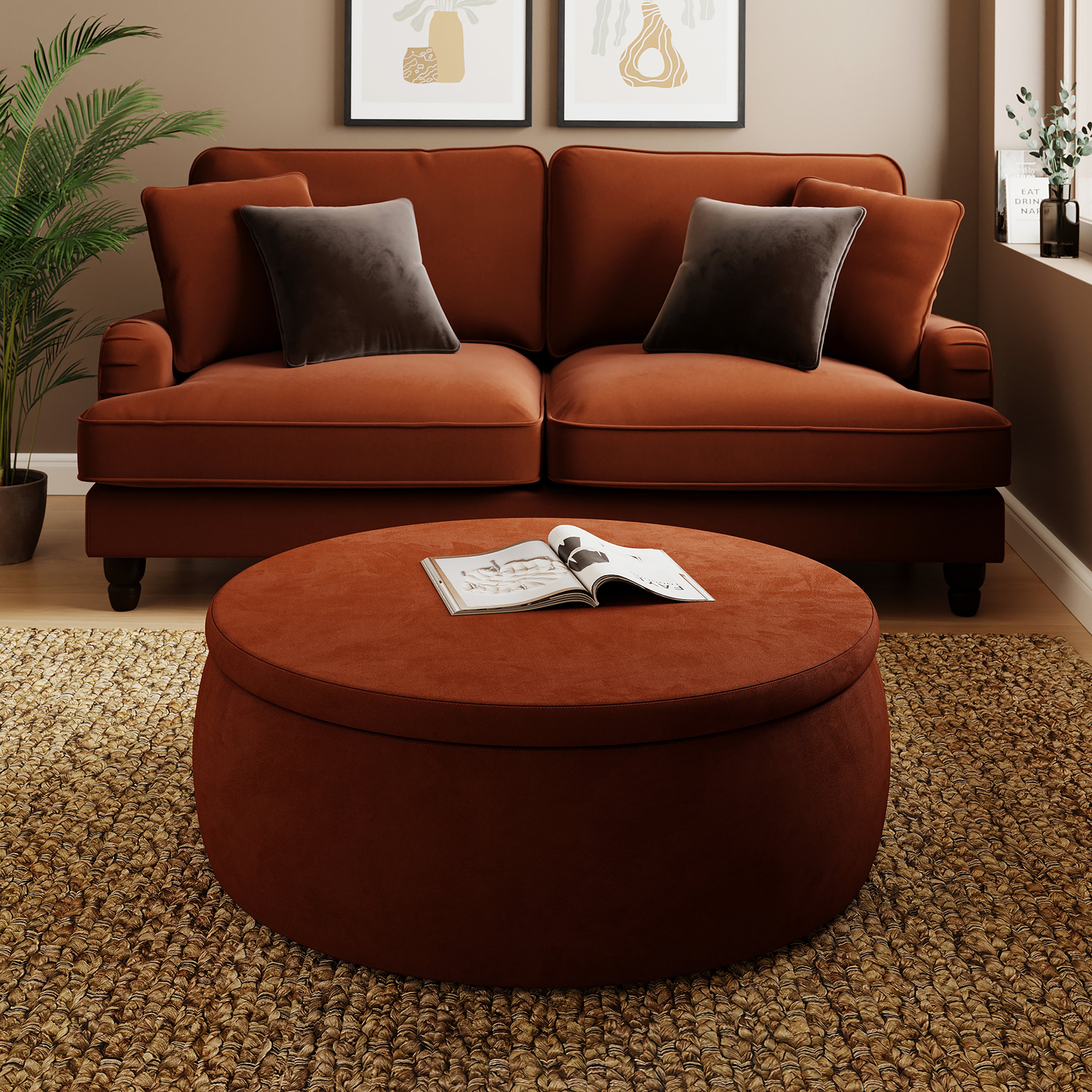 Large Round Velvet Storage Pouffe Orange Umber