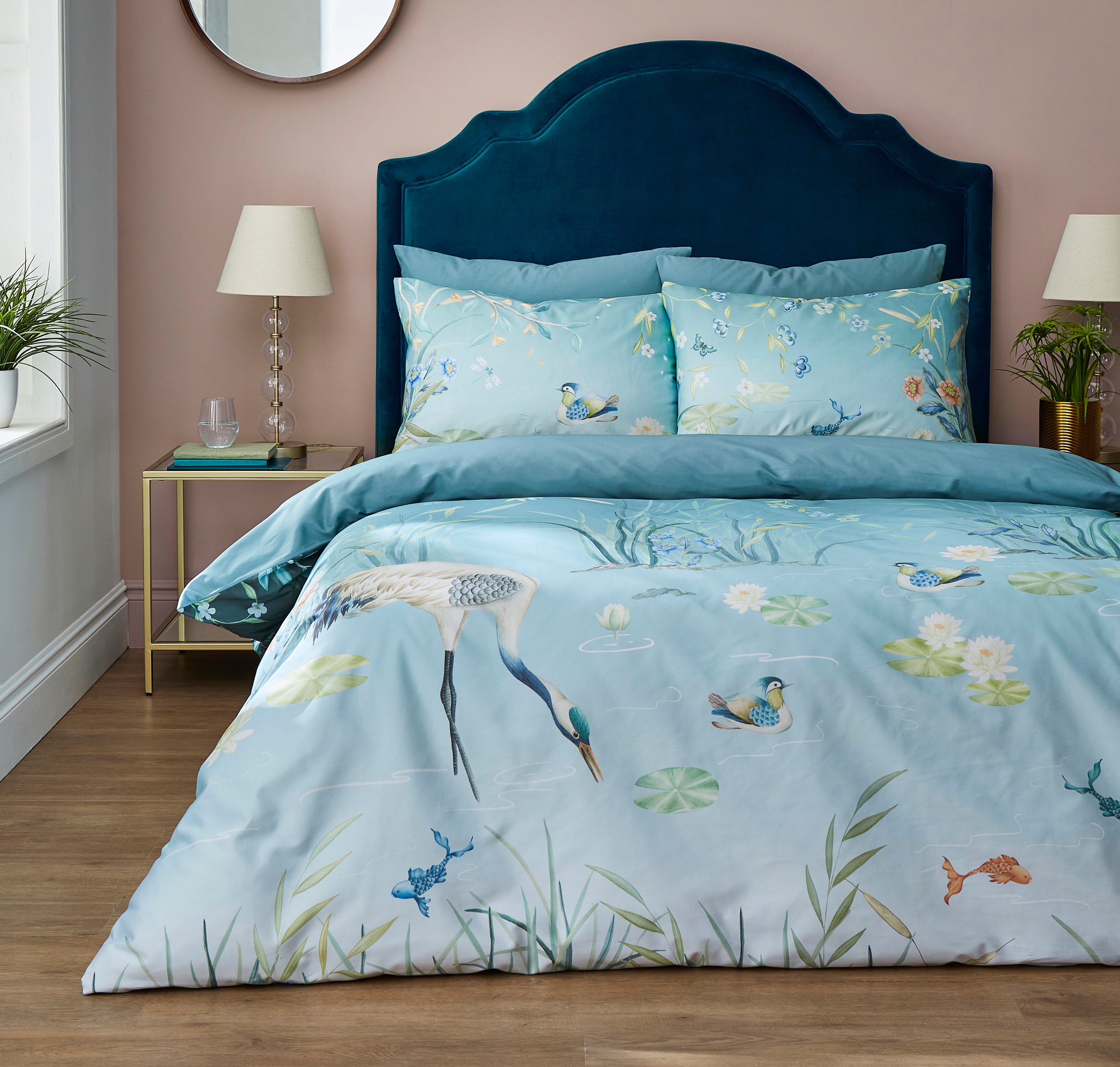 Garden Cranes Blue Duvet Cover and Pillowcase Set