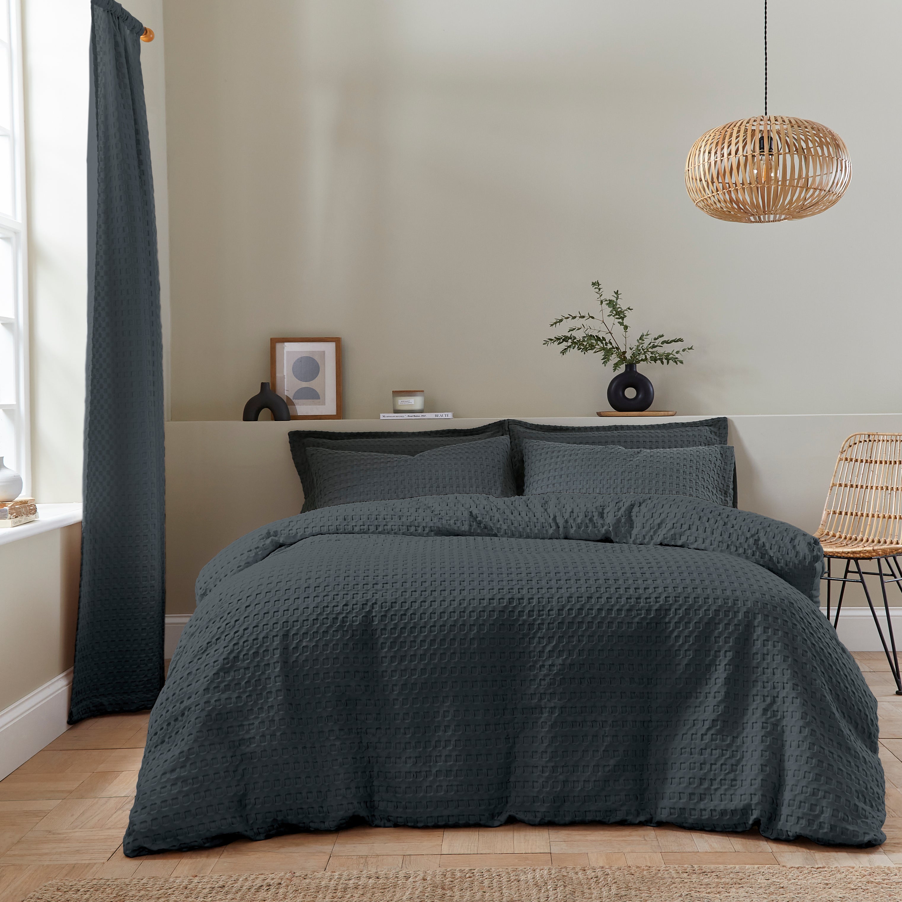 Emerson Waffle Duvet Cover and Pillowcase Set Charcoal (Grey)