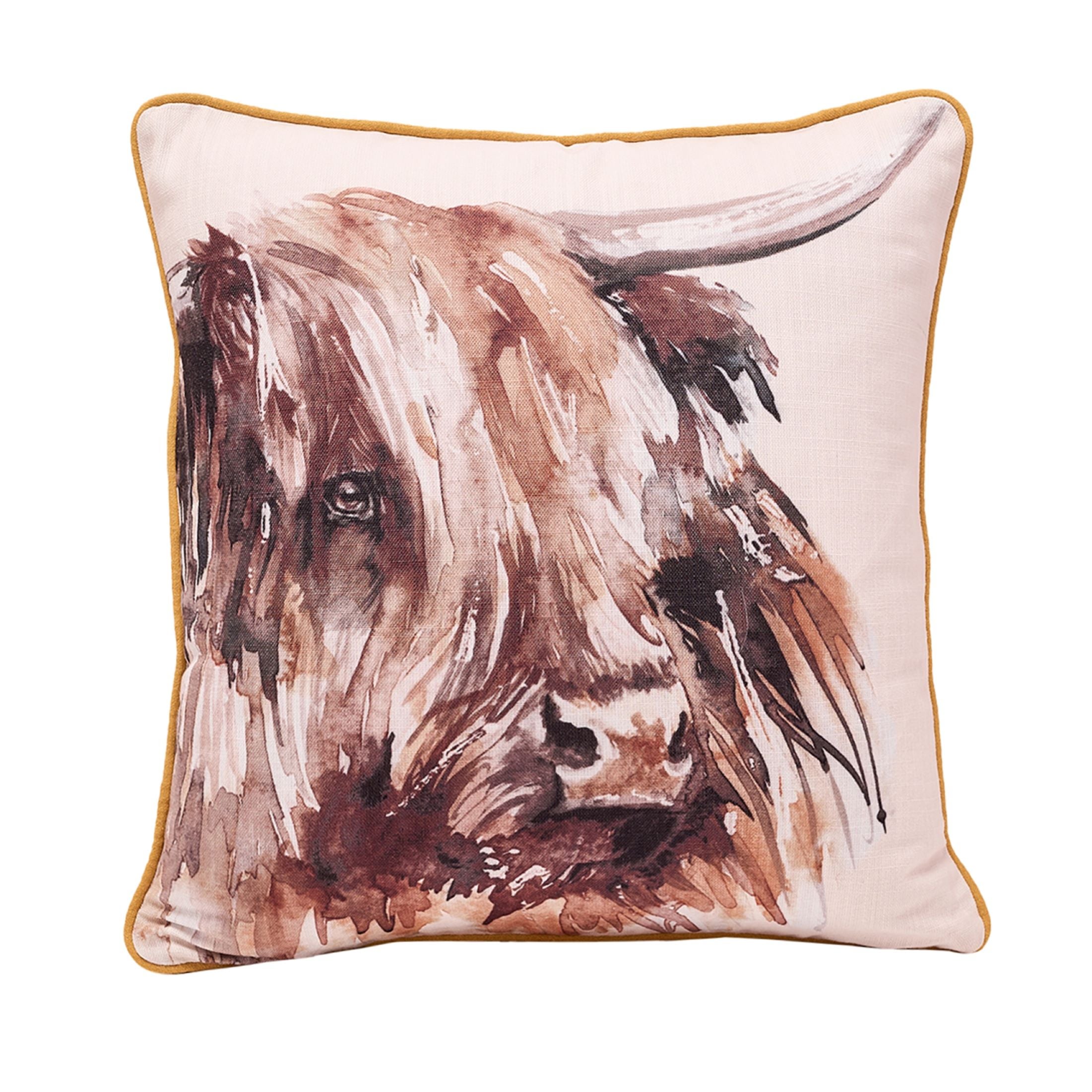 Meg Hawkins Highland Cow Square Cushion With Wooden Buttons Cream