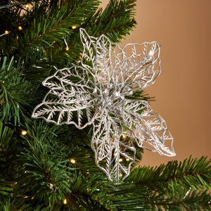 Metallic Silver Poinsettia Pick Tree Decoration