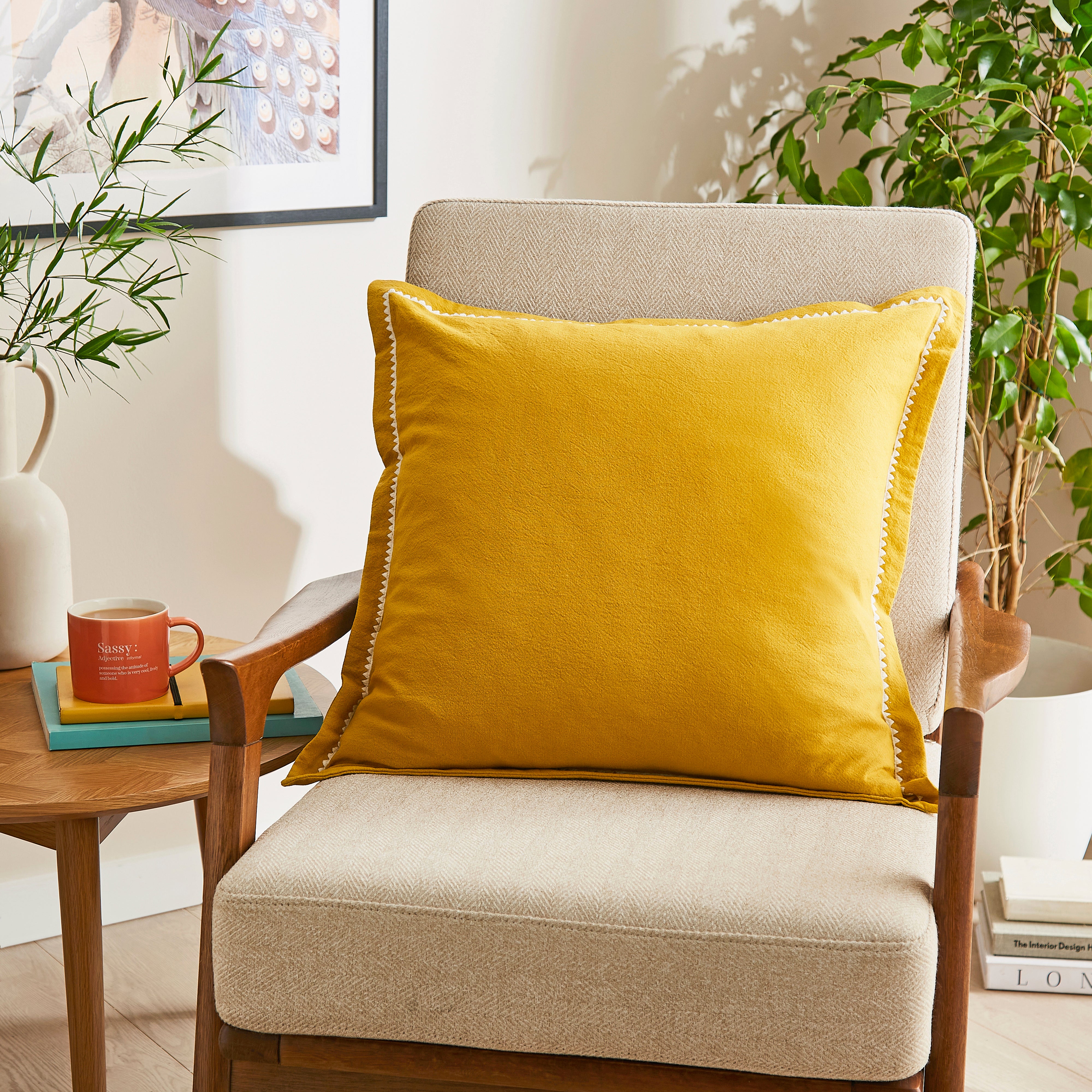 Embroidered Oxford Edge Square Cushion Ochre Yellow