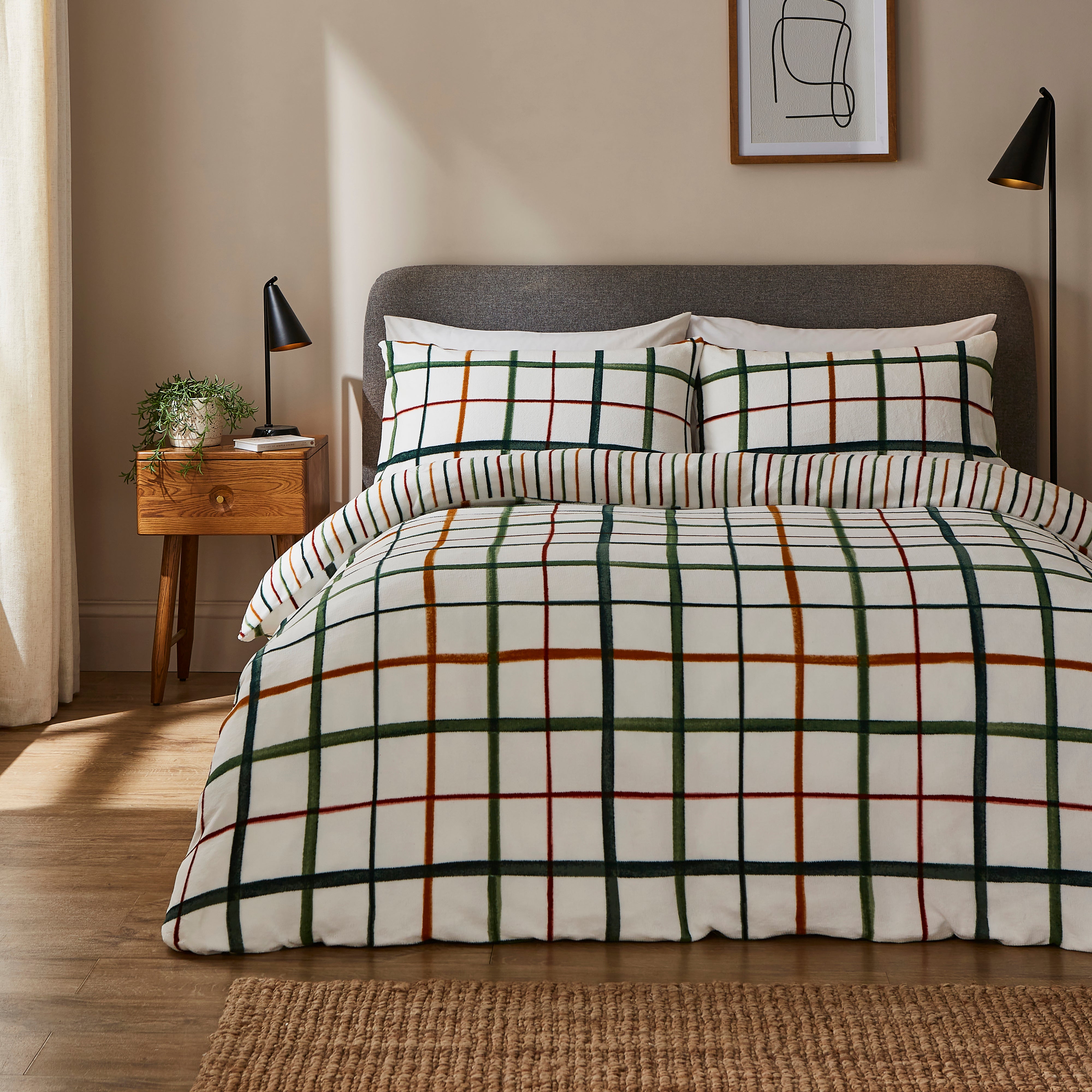 Woodland Check Fleece Duvet Cover And Pillowcase Set Natural