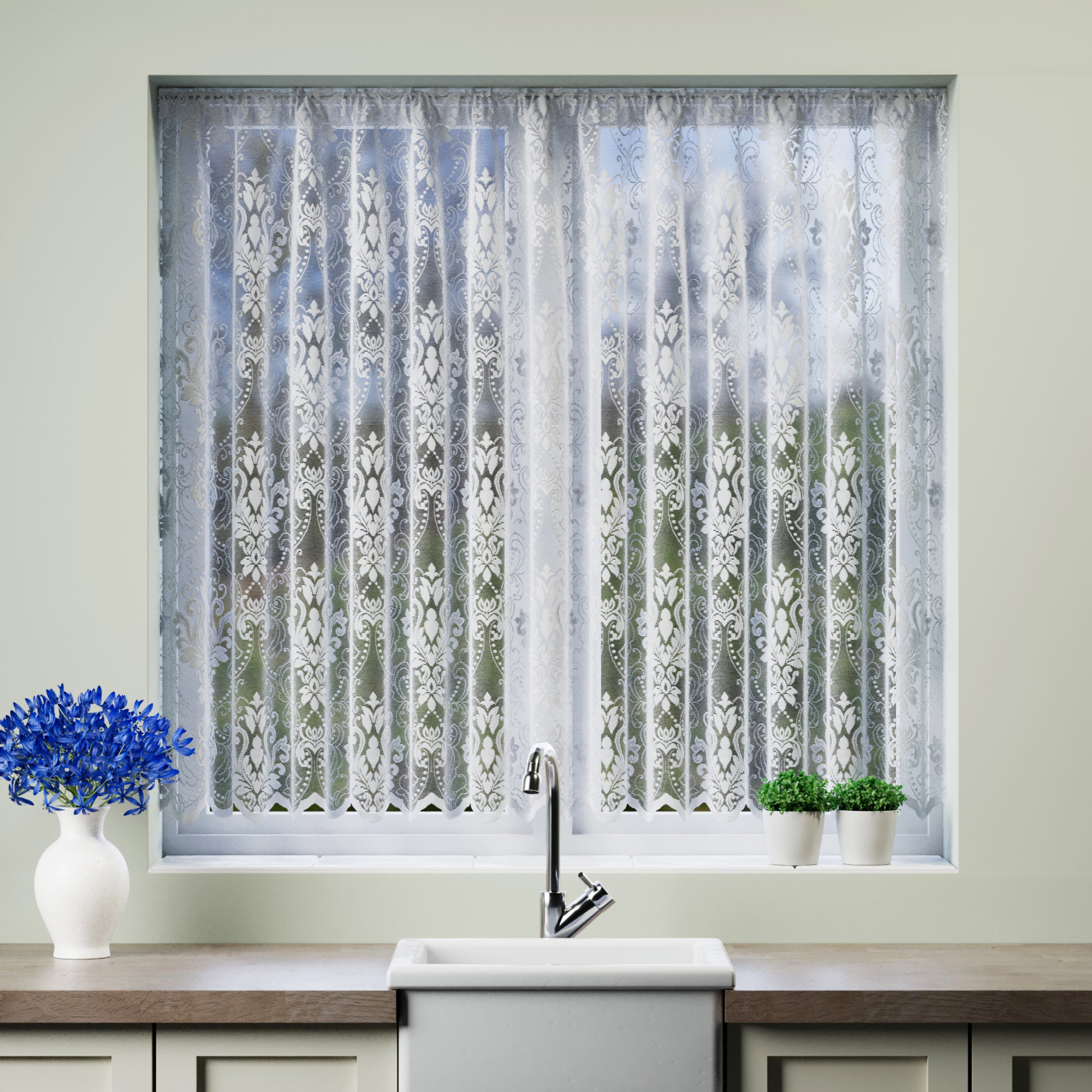 Damask Slot Top Net Curtain White