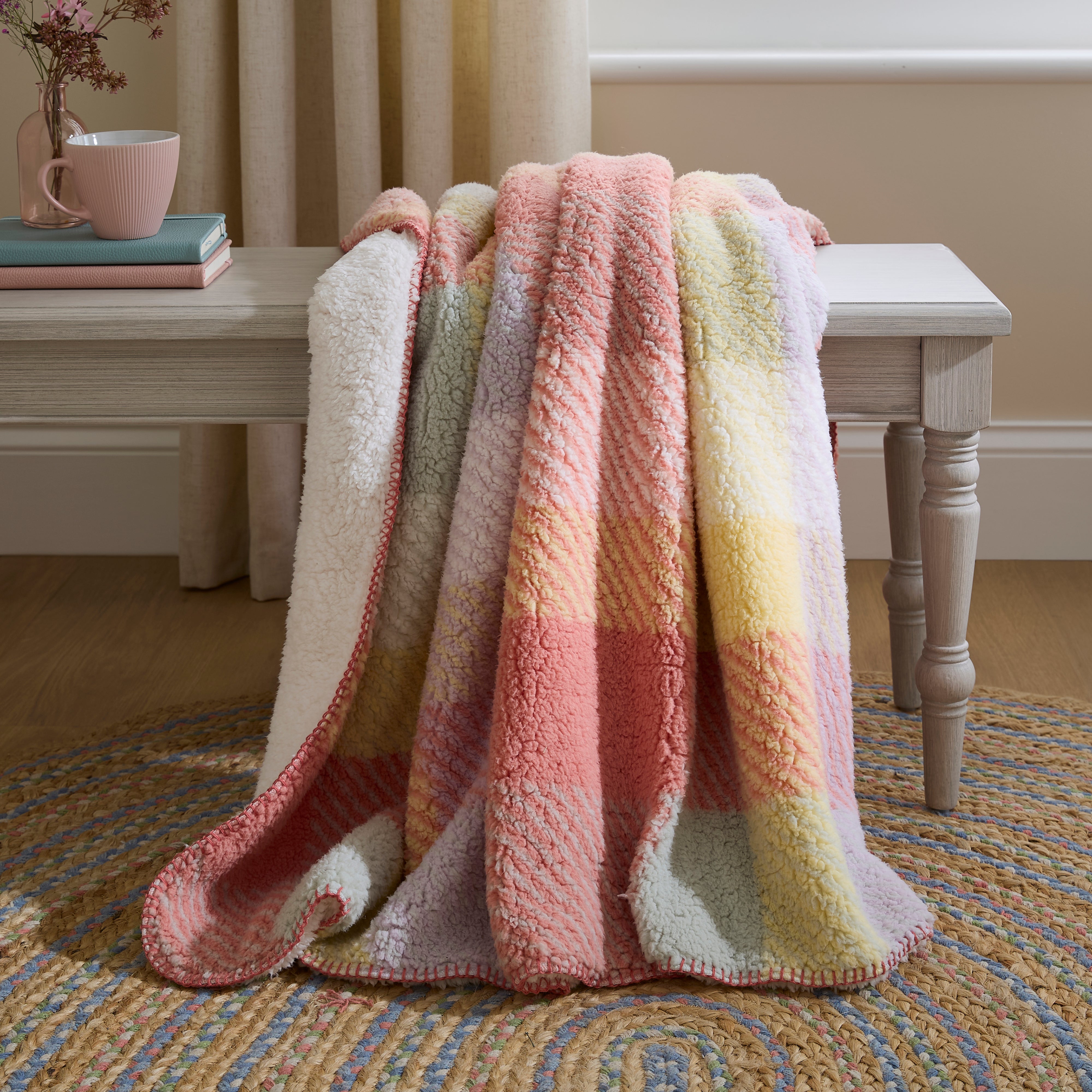 Sherpa Cosy Grid Throw With Contrast Stitch Multicoloured