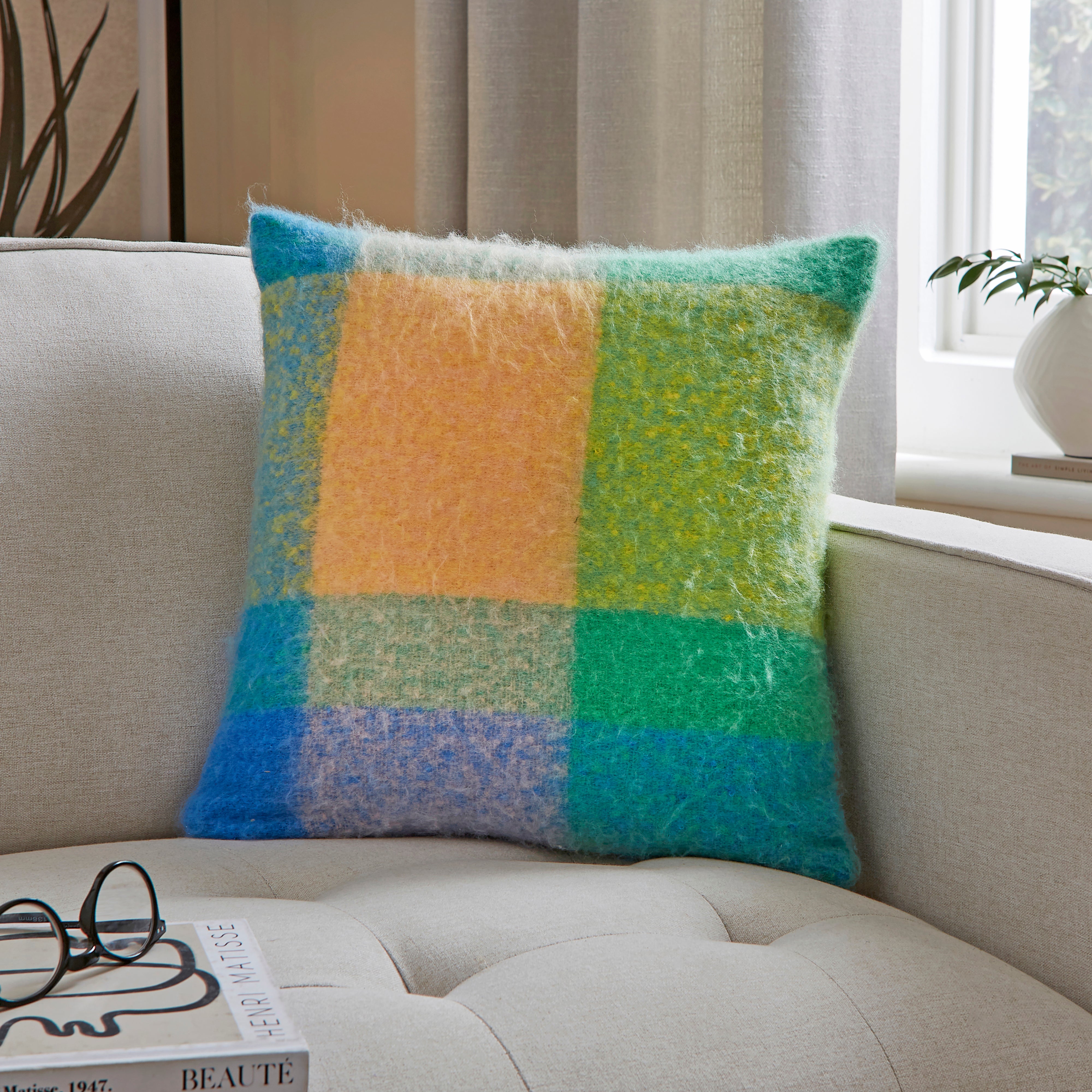 Elements Mohair Check Square Cushion Green