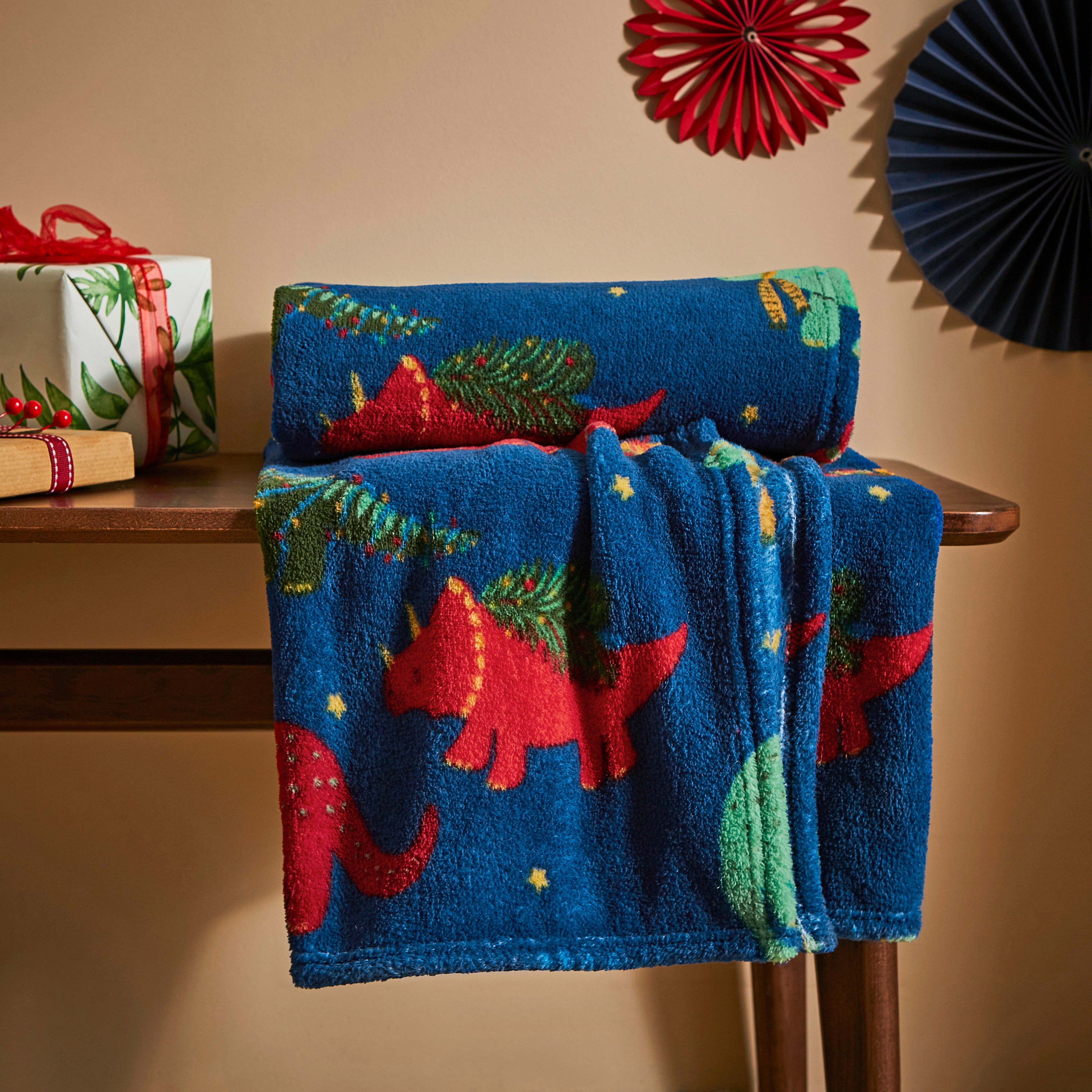 Dinosaur Christmas Printed Fleece Throw Blue