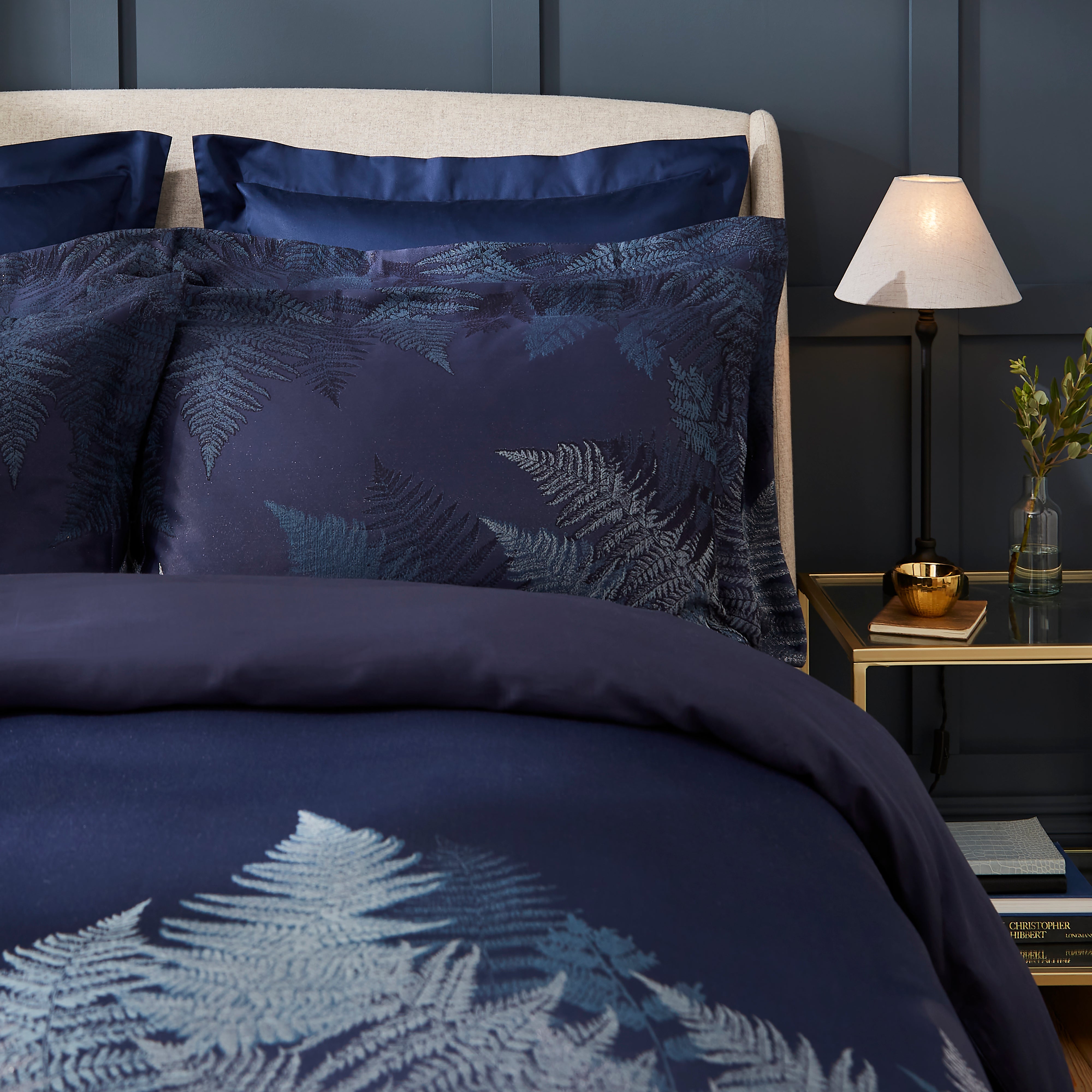 Dorma Winter Fern Oxford Pillowcase Pair Navy Blue