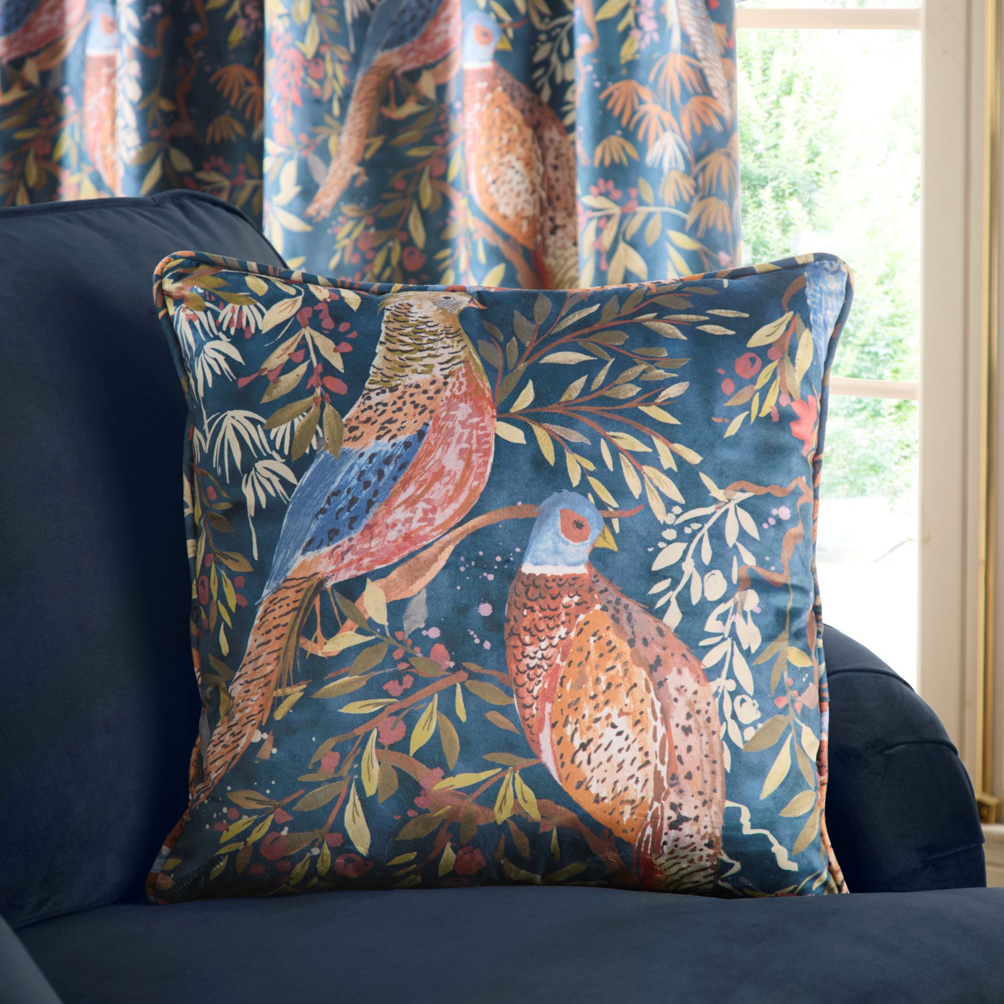 Woodland Pheasant Cushion Navy Blue