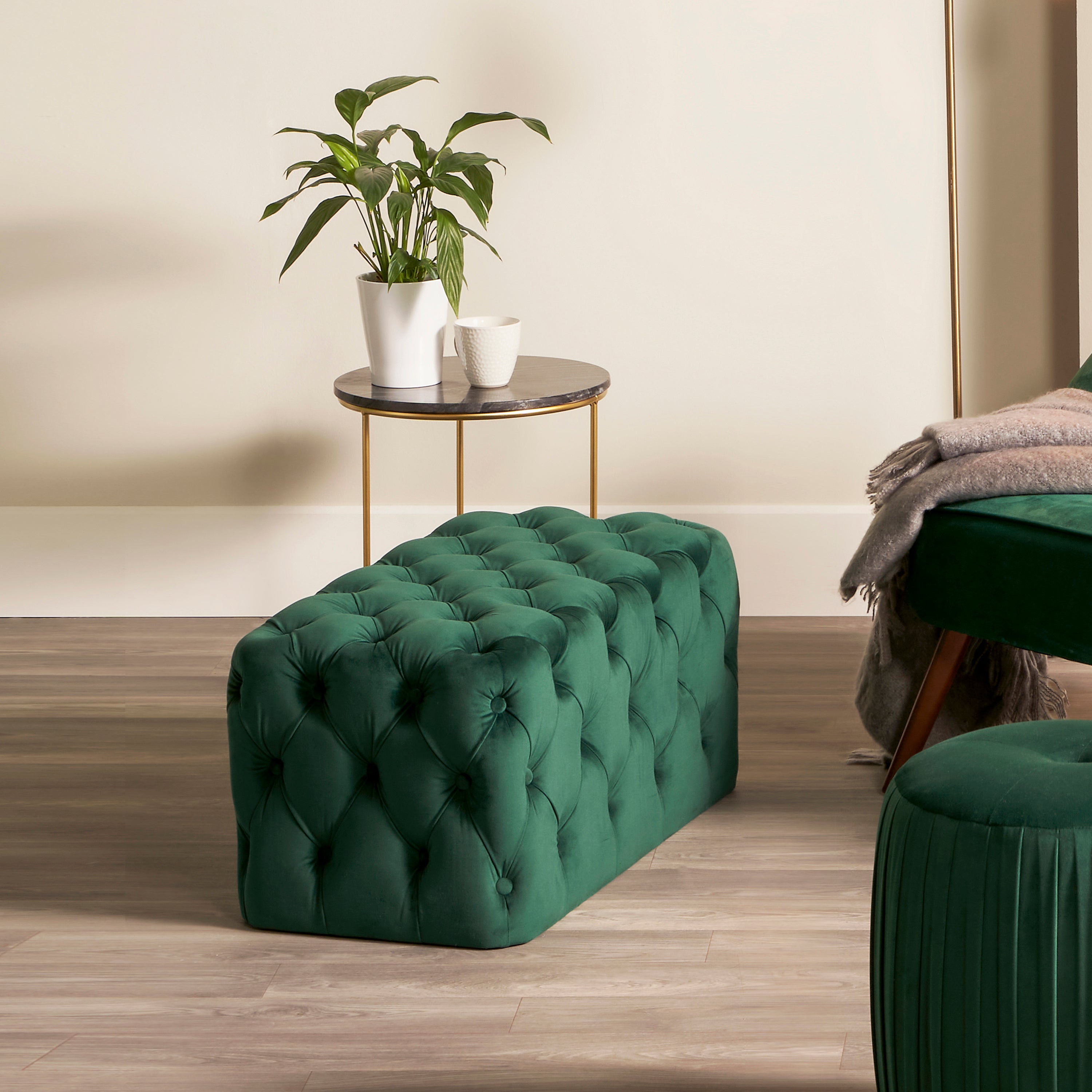 Seraphina Velvet Buttoned Ottoman Forest Green