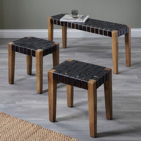 Pacific Claudio Leather Bench and Stools Set, Mango Wood