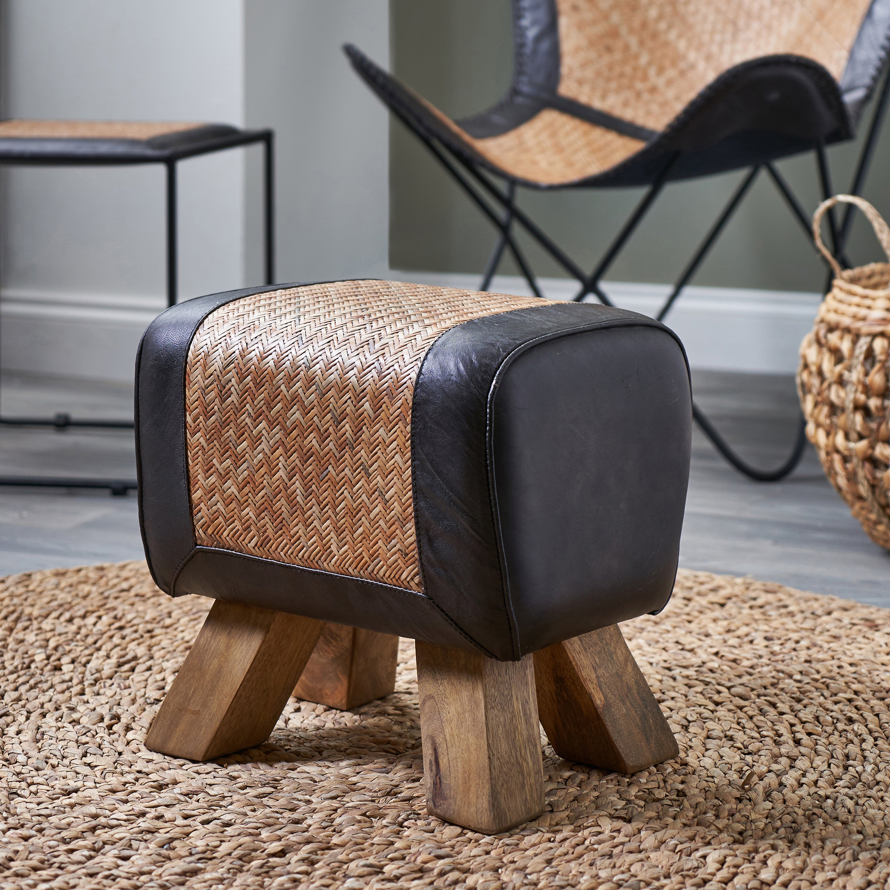 Pommello Leather and Rattan Stool Black