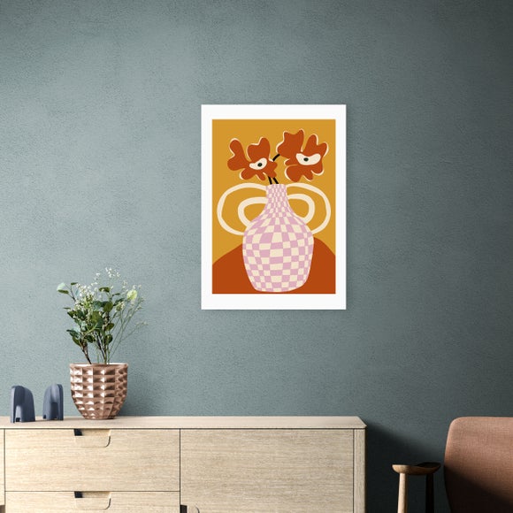 East End Prints Checkered Retro Flower Pot Print by Miho Art Studio