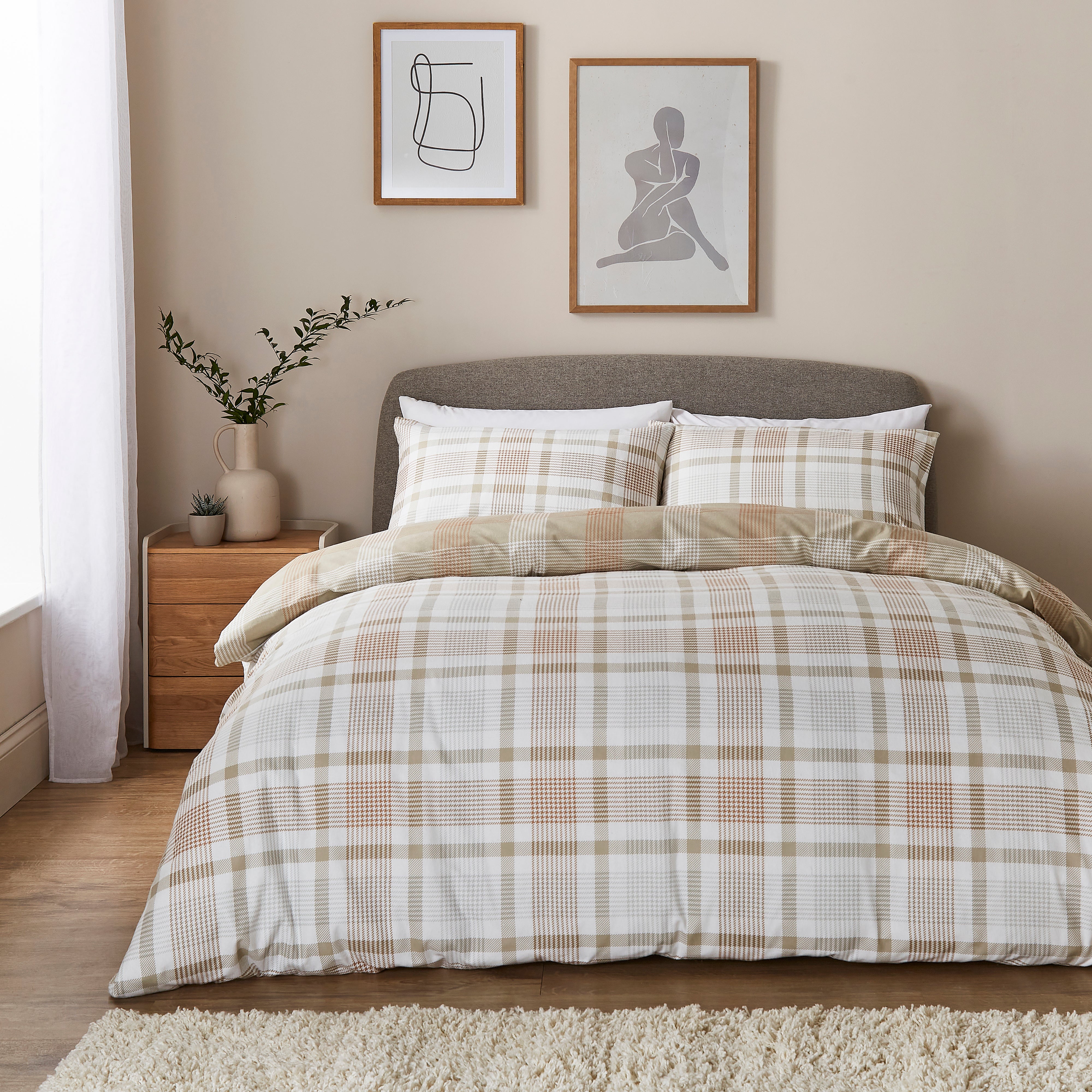 Grey Natural Check Brushed Cotton Duvet Cover And Pillowcase Set Grey