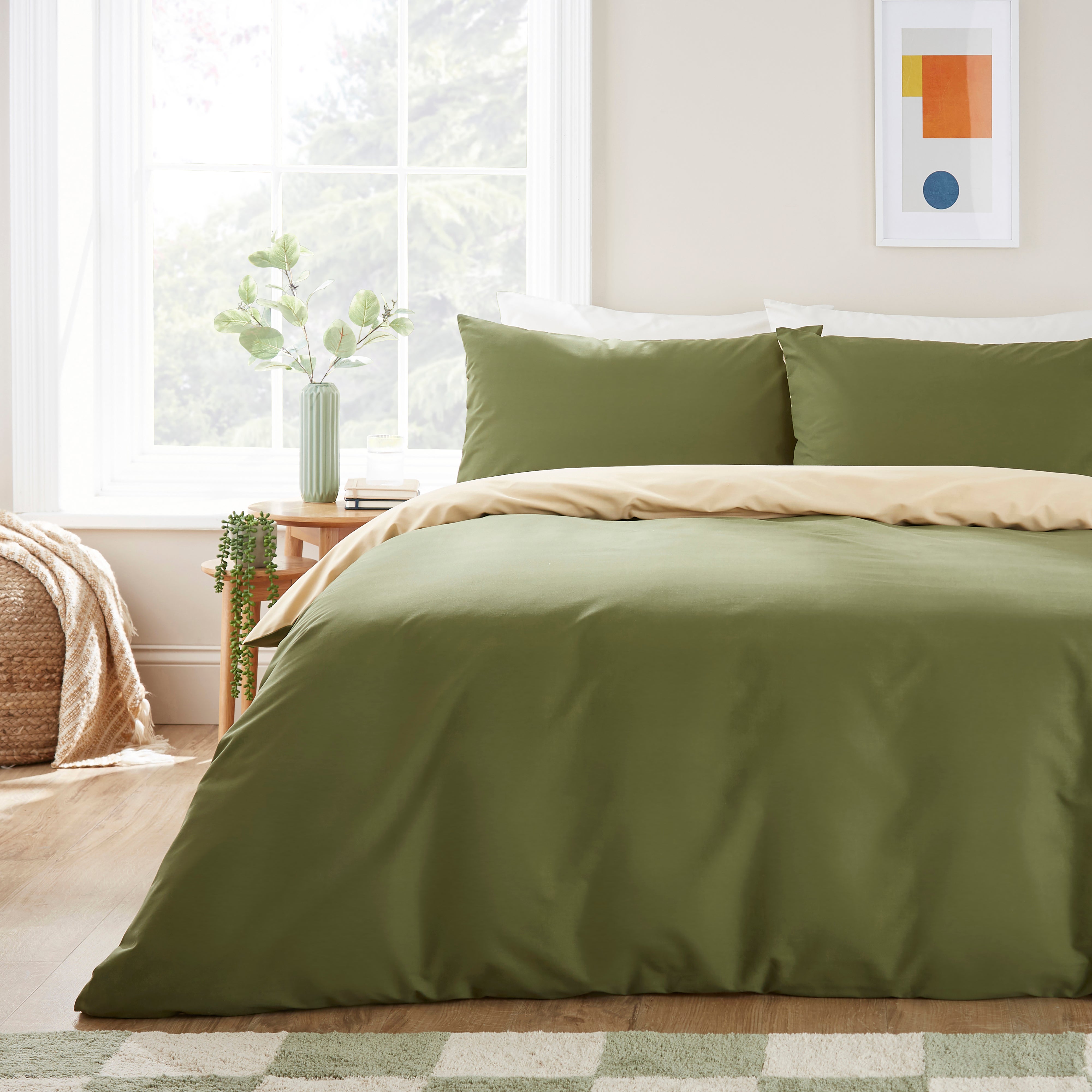 Reversible Polycotton Duvet Cover And Pillowcase Set Olive Green