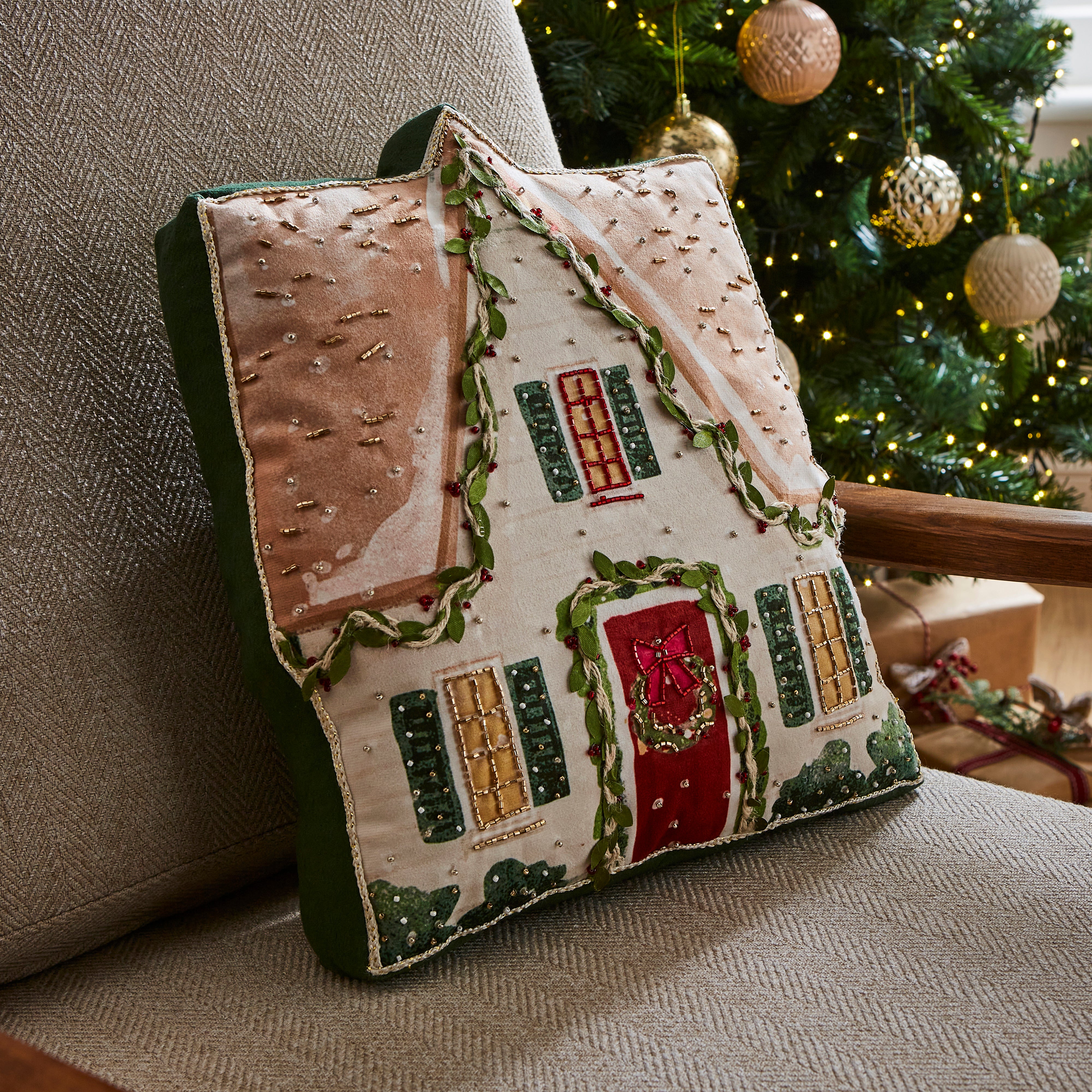 Embellished Christmas House Cushion Green