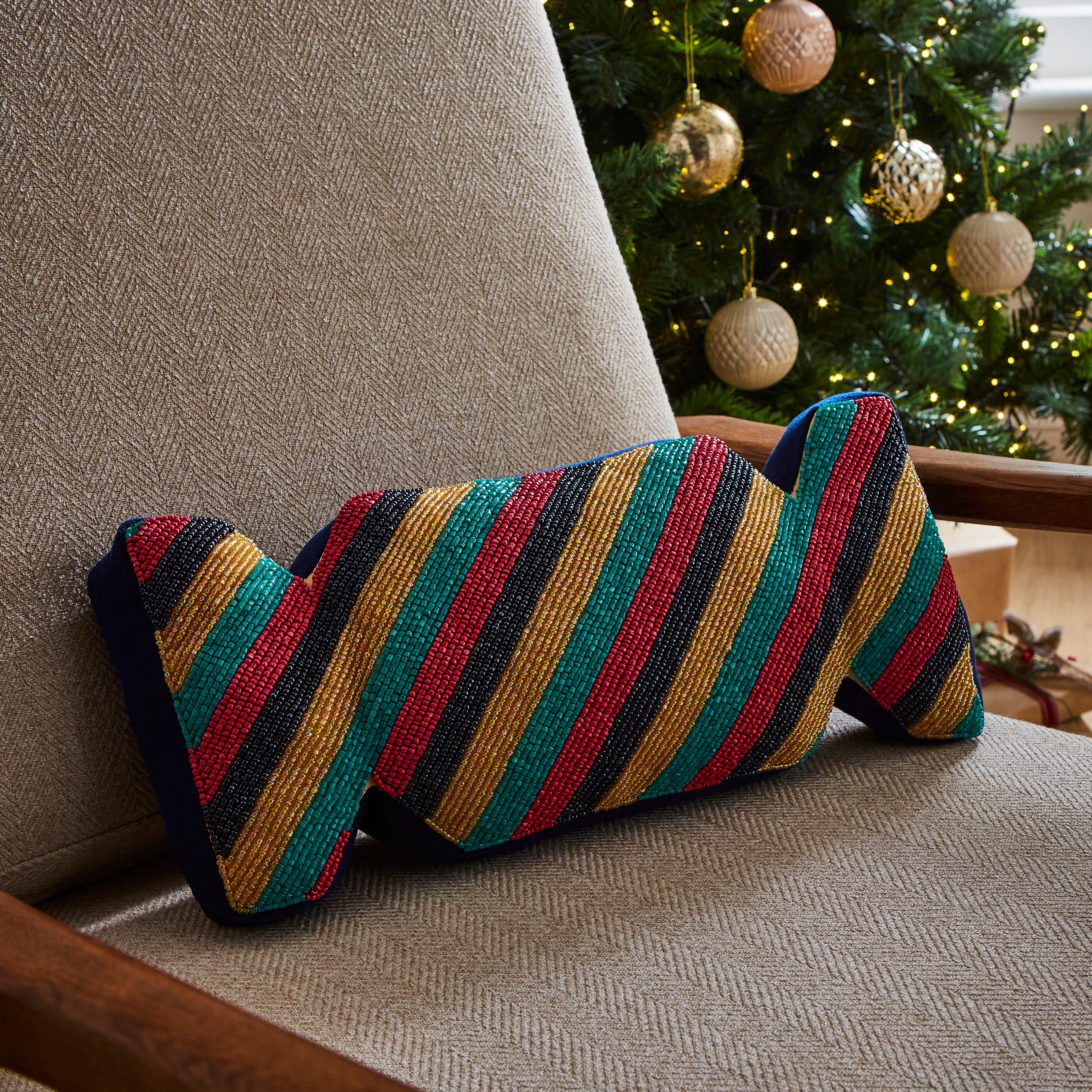 Merry And Bright Stripe Beaded Cracker Rectangular Cushion Blue