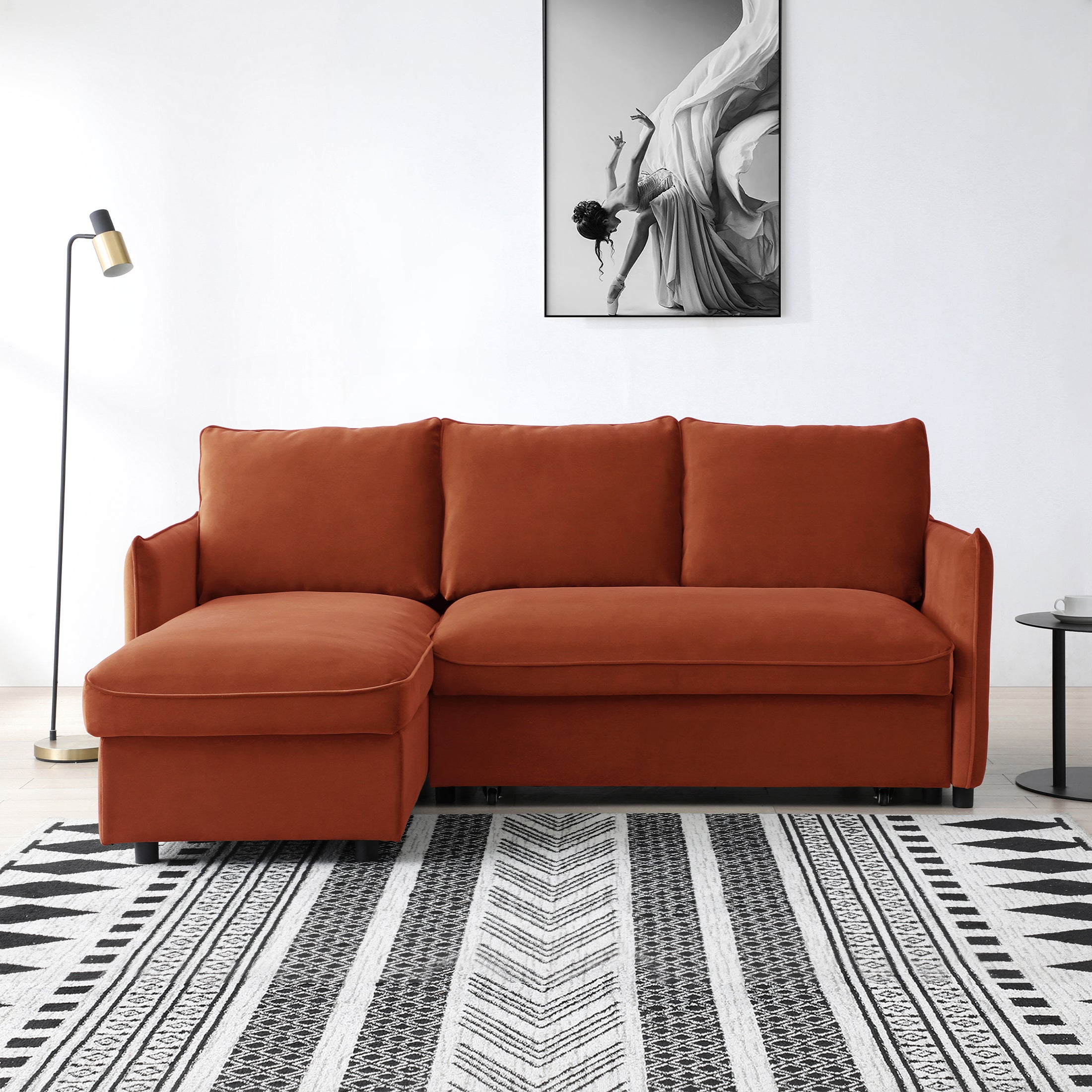 Lucie Velvet Corner Double Sofa Bed Orange