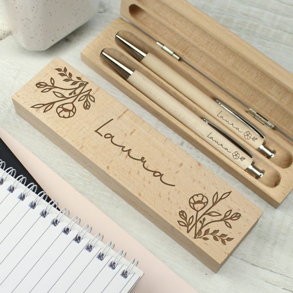 Personalised Floral Wooden Pen and Pencil Set image 1 of 4