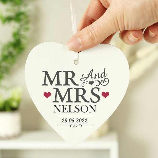 Personalised Mr and Mrs Wooden Heart Decoration image 1 of 3