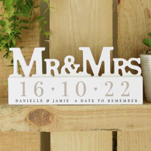 Personalised Big Date Wooden Mr and Mrs Ornament image 1 of 4