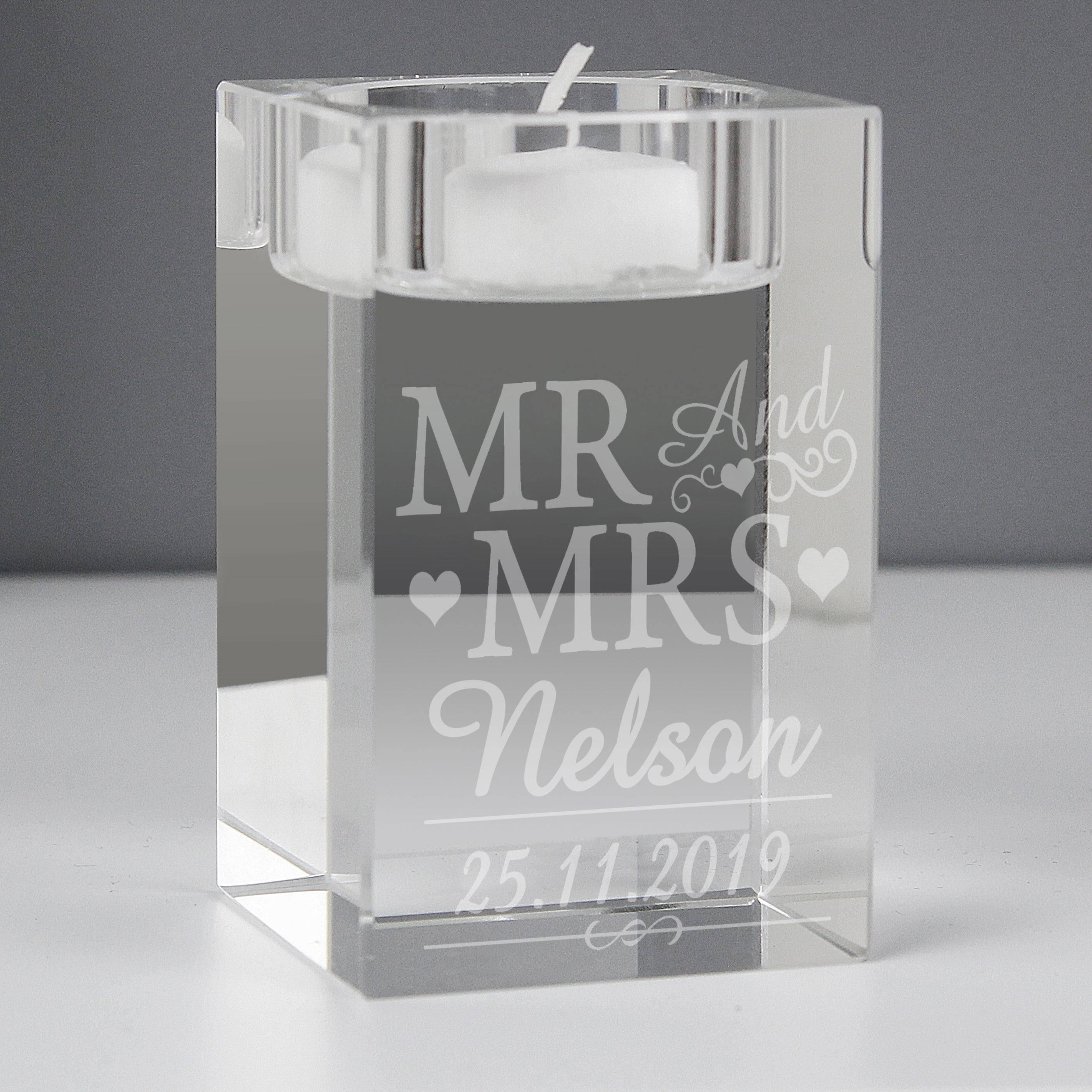 Personalised Mr and Mrs Glass Tealight Holder