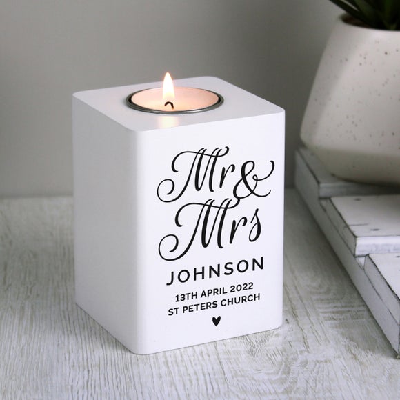 Click to view product details and reviews for Personalised Mr And Mrs White Wooden Tealight Holder.