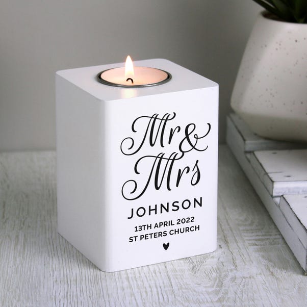 Personalised Mr and Mrs White Wooden Tealight Holder image 1 of 4