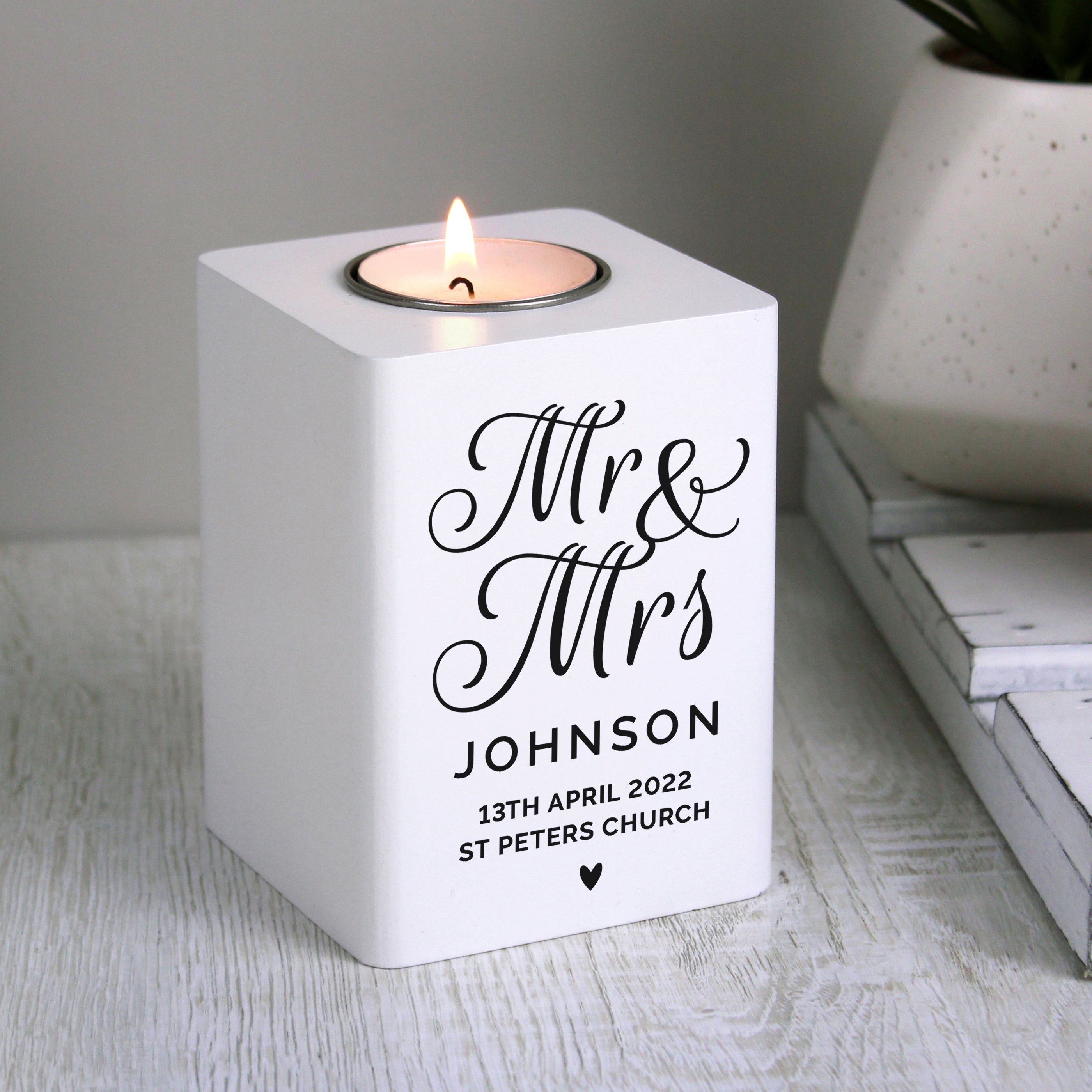 Personalised Mr and Mrs White Wooden Tealight Holder