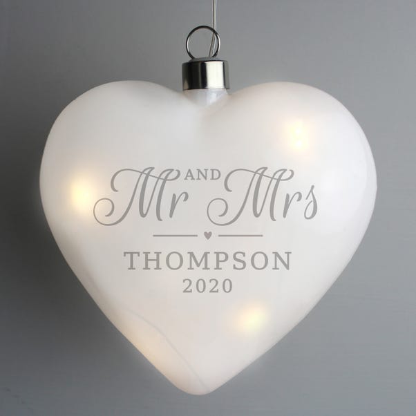Personalised Mr and Mrs LED Hanging Glass Heart image 1 of 3