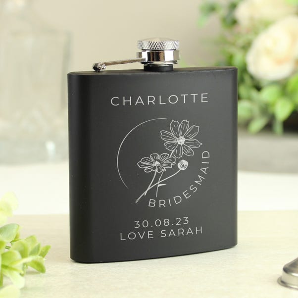 Personalised Monochrome Floral Wedding Party Black Hip Flask image 1 of 5
