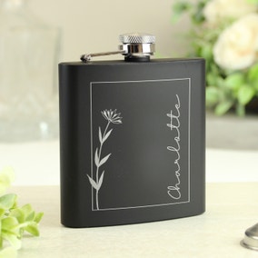Personalised Floral Name Black Hip Flask