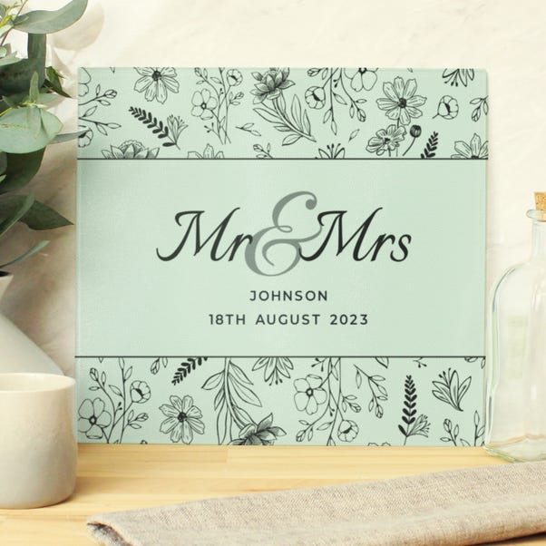 Personalised Mr and Mrs Botanical Glass Worktop Saver image 1 of 5