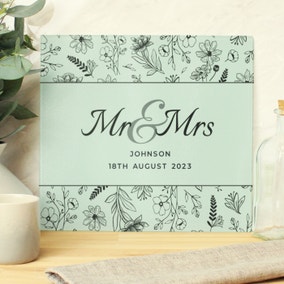 Personalised Mr and Mrs Botanical Glass Worktop Saver