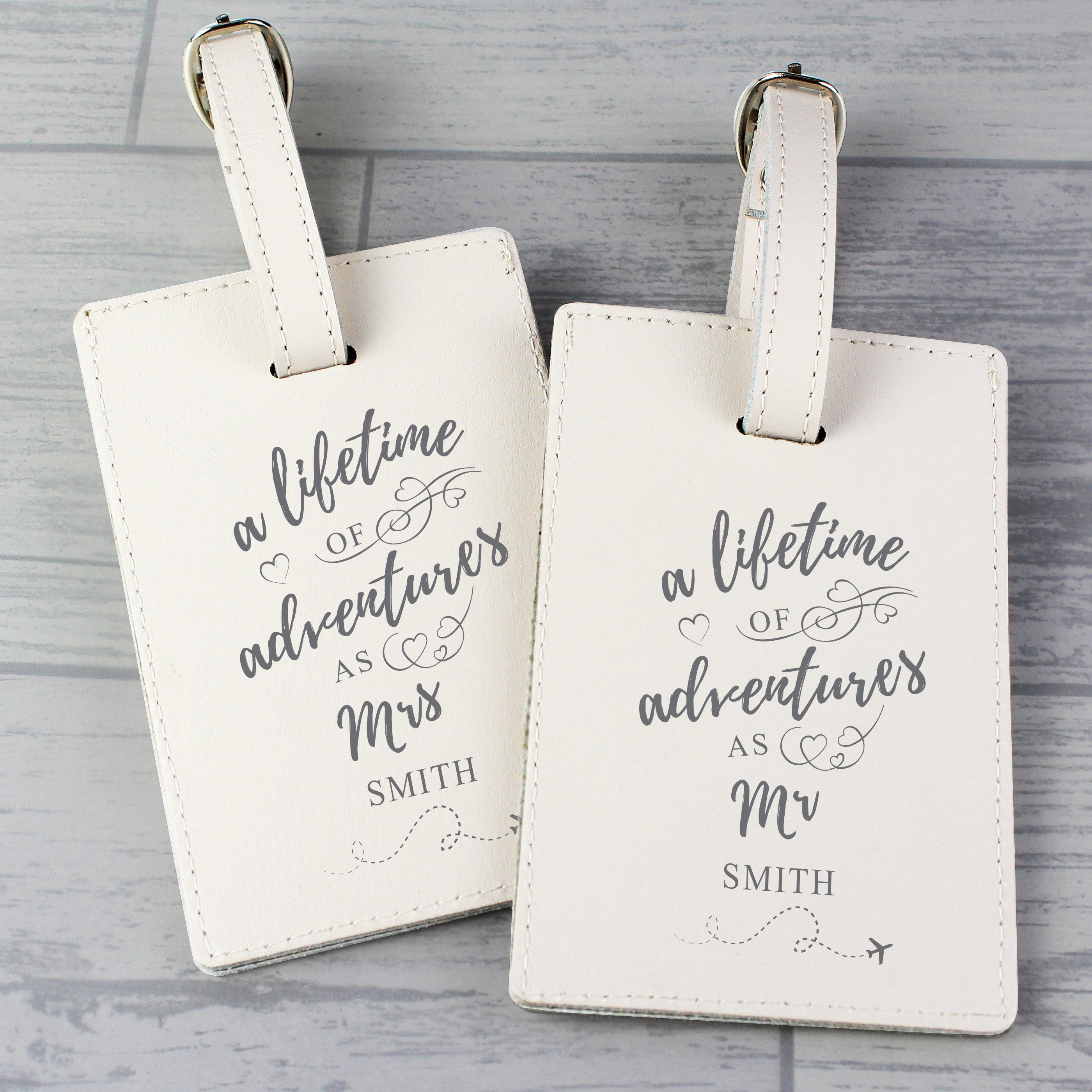 Personalised Lifetime of Adventures Couples Leather Luggage Tags