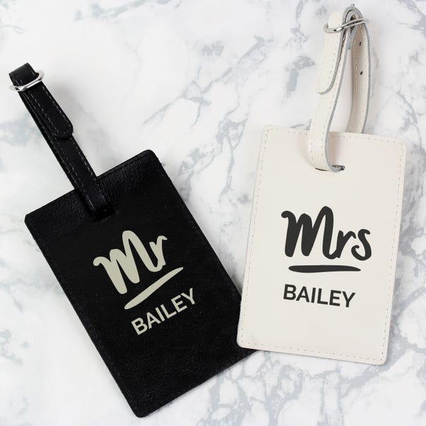 Personalised Set of 2 Mr and Mrs Black and Cream Leather Luggage Tag image 1 of 4