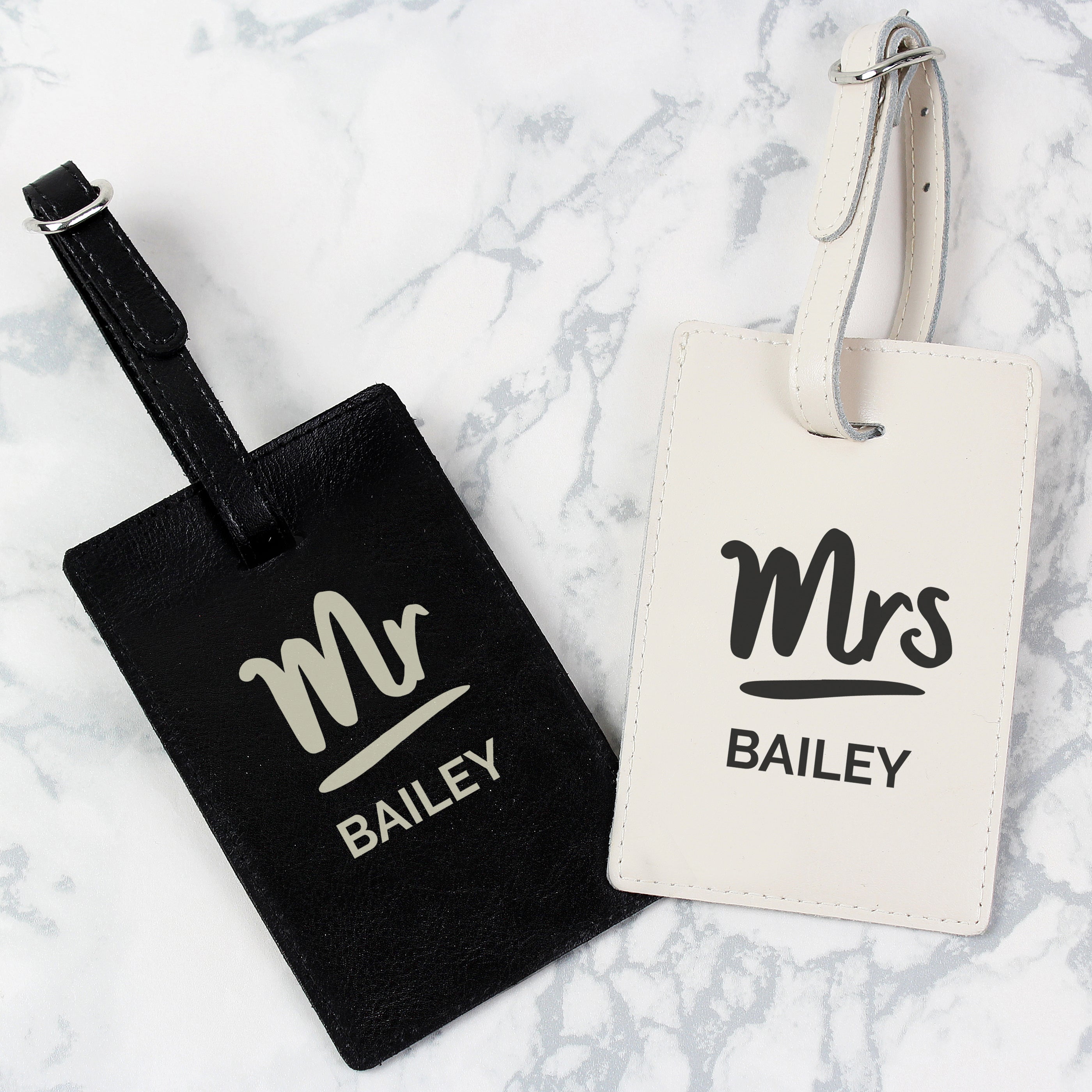 Personalised Set of 2 Mr and Mrs Black and Cream Leather Luggage Tag