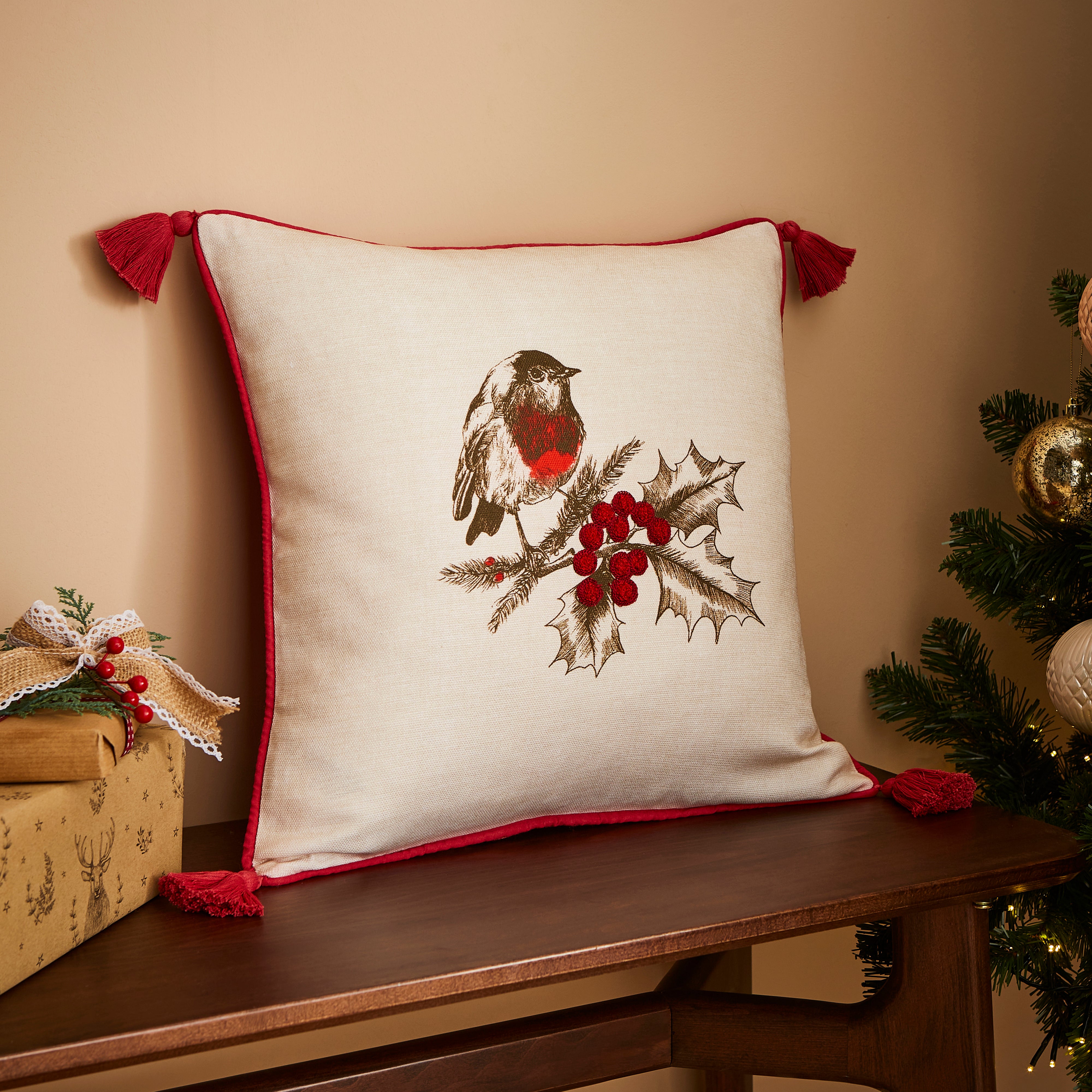 Festive Robin Embroidered Cushion Cream Natural