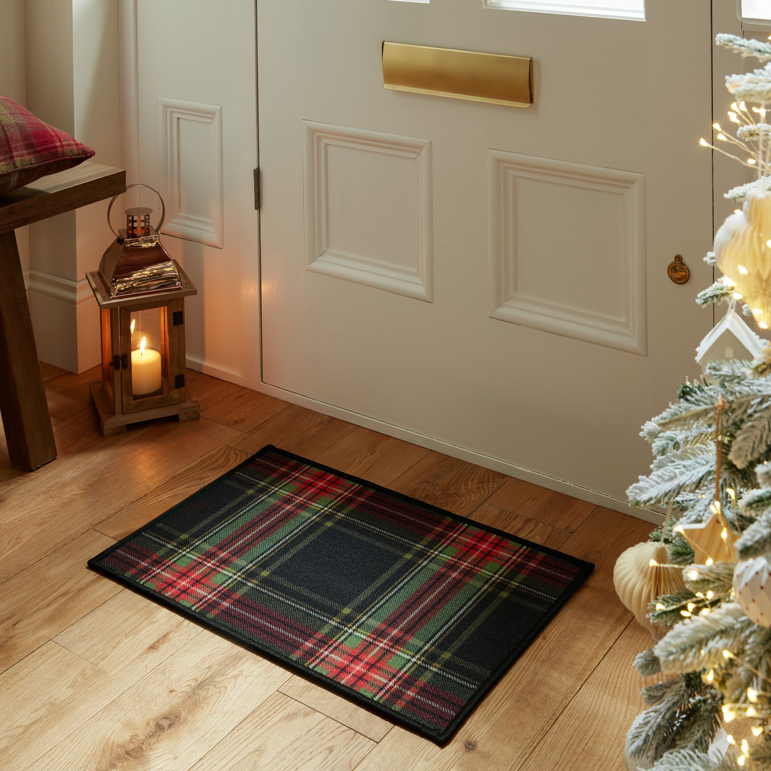 Tartan Check Washable Indoor Doormat Green