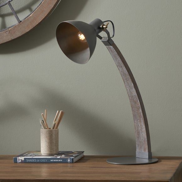 Click to view product details and reviews for Topsham Wood And Grey Metal Curved Table Task Lamp.