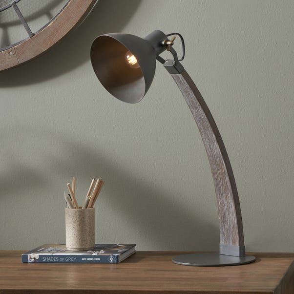 Topsham Wood and Grey Metal Curved Table Task Lamp image 1 of 7